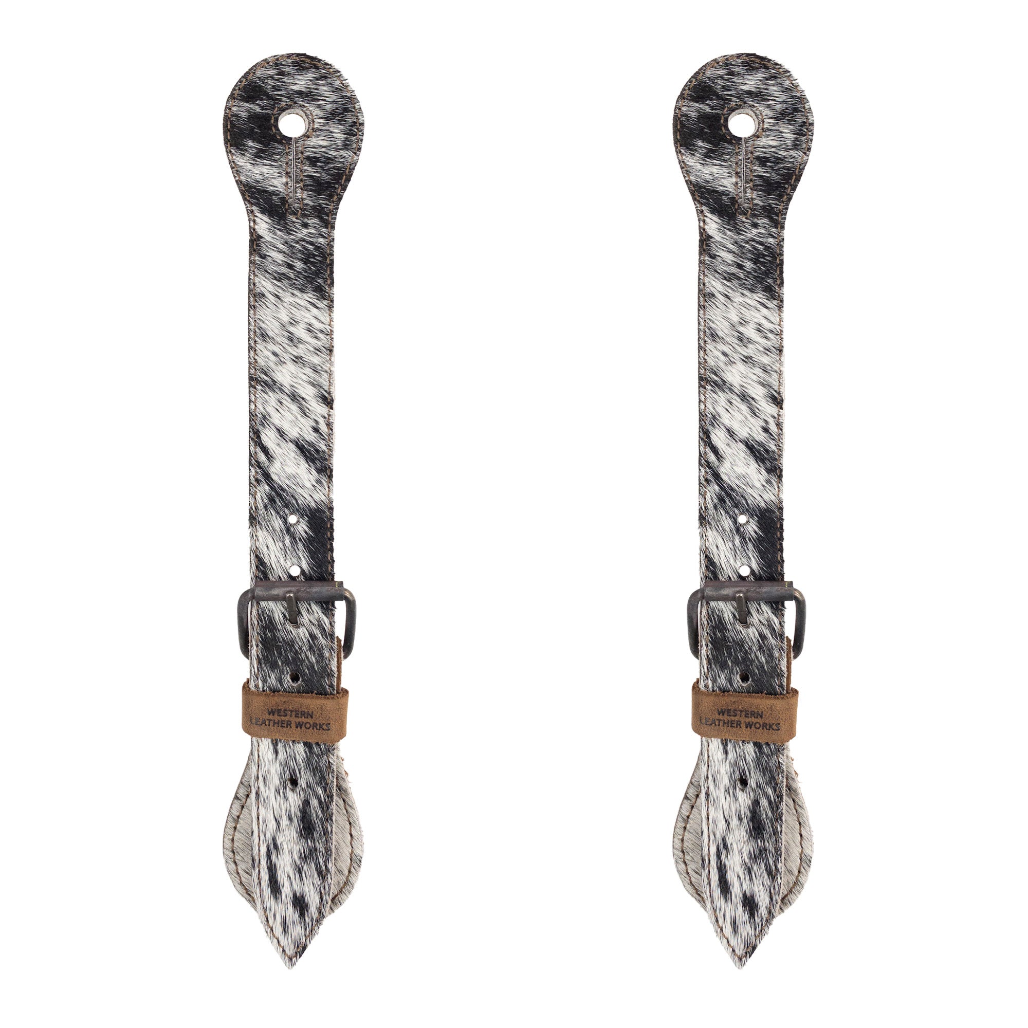 Set of 2 Single-Ply Spur Straps for Cowboy Boots by Western Leather Works. These Spur Straps (2 Pack) are crafted from hair-on-hide full grain leather, perfect for horse rides and other equestrian accessories. Handmade in La Antigua Guatemala & Oaxaca Mexico.