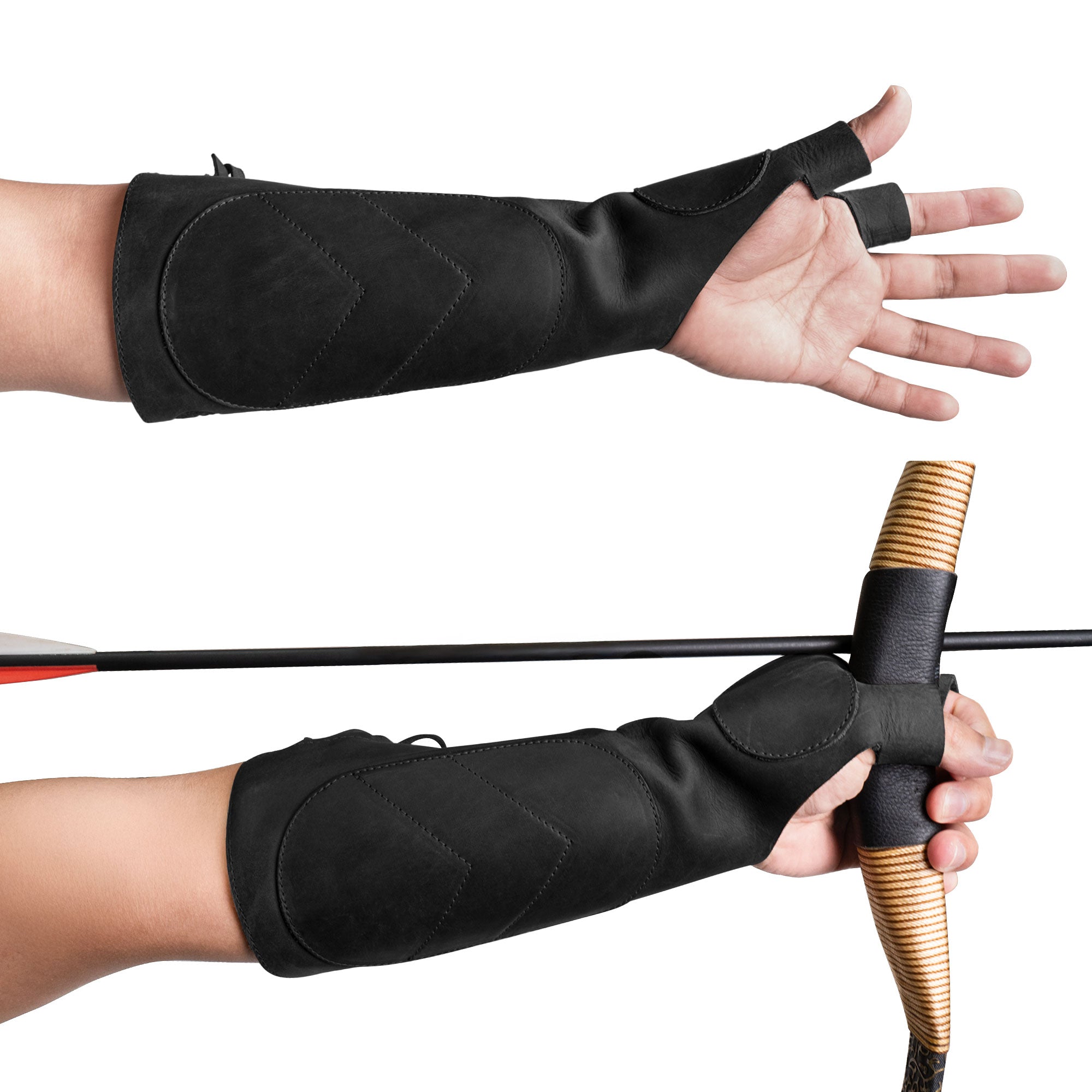 A hand wearing the black version of the Forearm Guard for Archers from Valhalla Gear, demonstrating how it fits while holding a bow. This protective bracer is designed for all archers seeking durable and stylish full grain leather protection.
