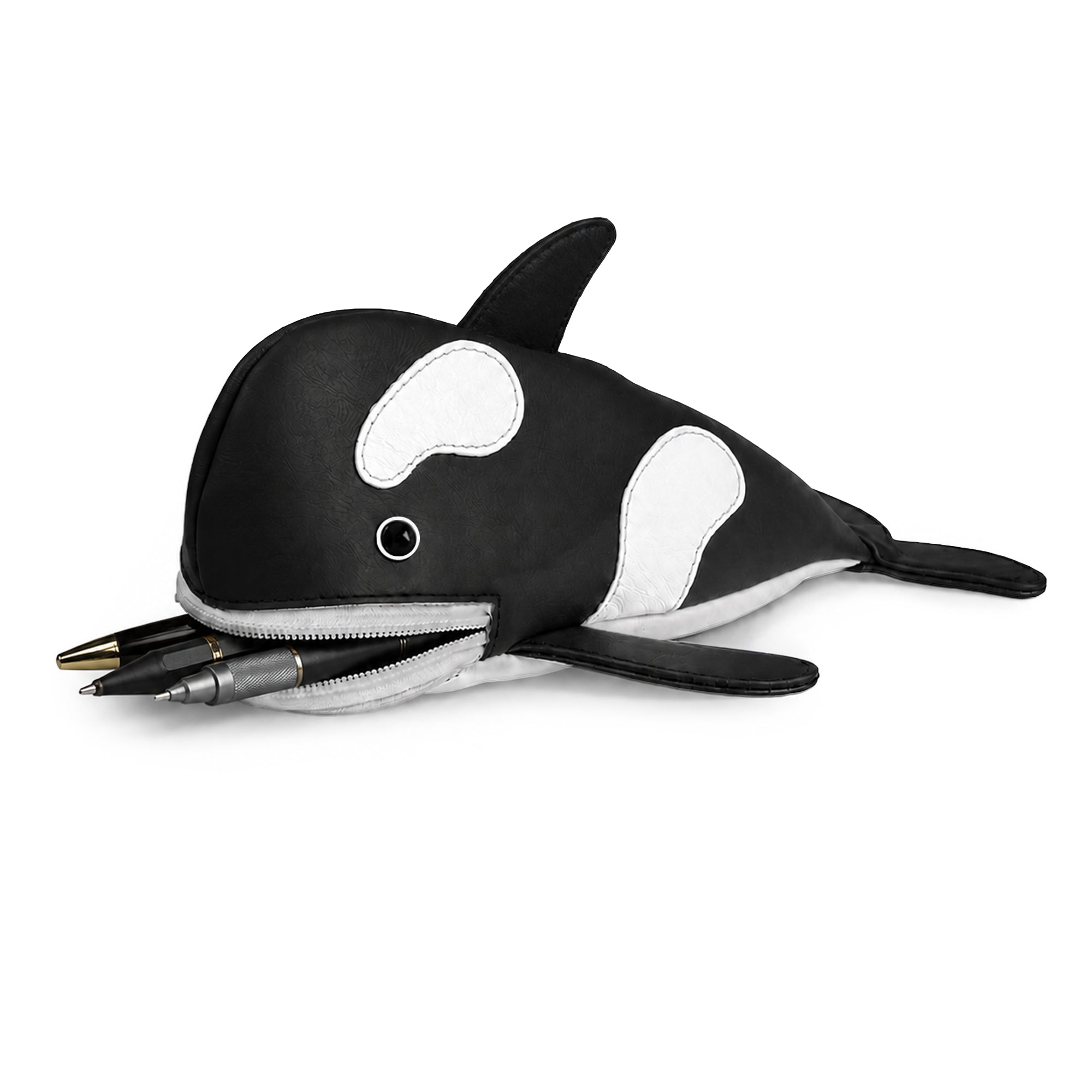 Crafted with durable Full Grain Leather, the Orca Pencil Pouch by Hide & Play features an adorable orca design perfect for students or professionals. This handmade, small batch production pen case offers stylish storage for markers, doubling as a unique desk organizer. Artisan crafted in La Antigua Guatemala & Oaxaca Mexico.