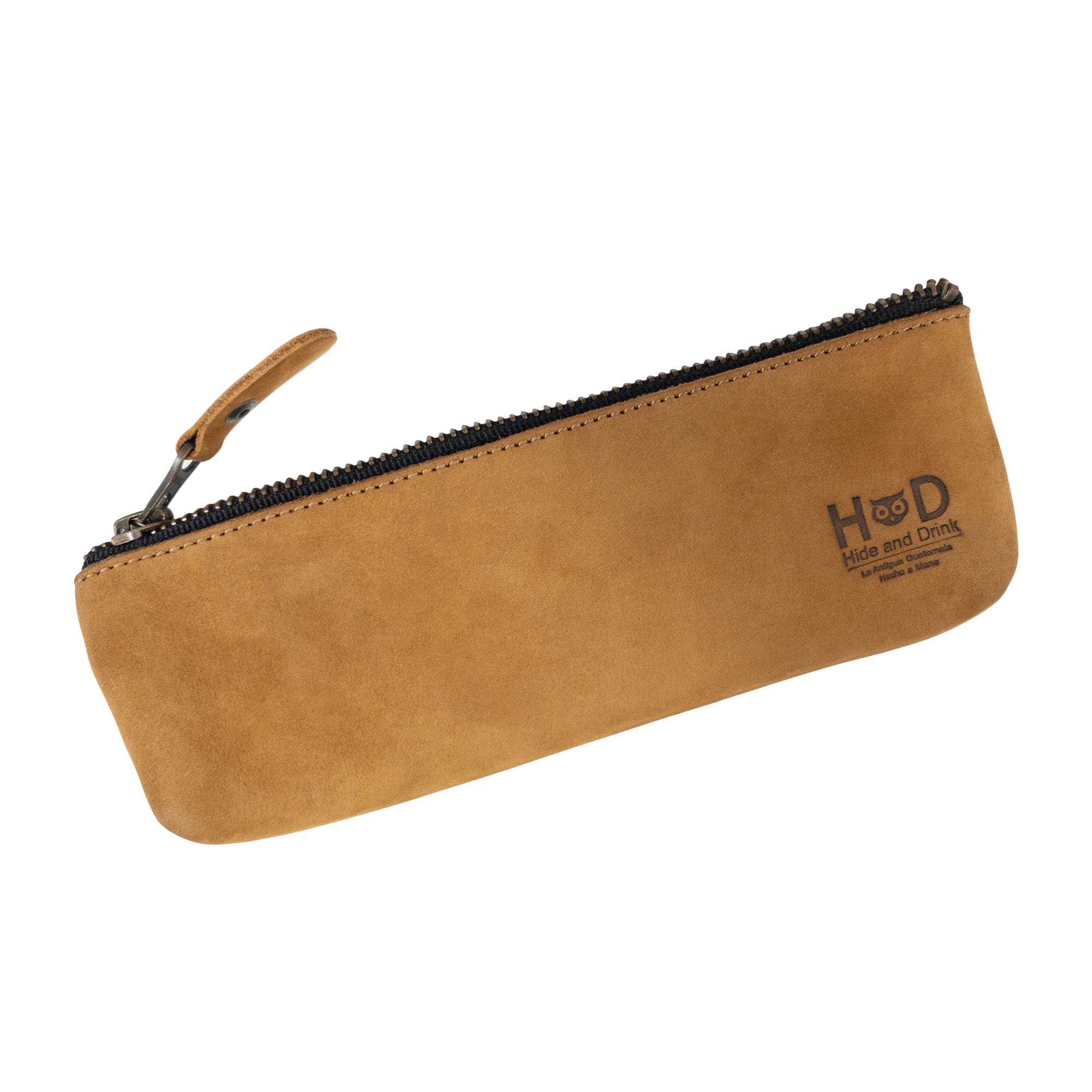 Flat zippered Pencil Pouch by Hide & Drink showcasing its full grain leather texture. This stylish rectangular pencil case is great for organizing pens and markers for both men and women. Artisan-made in La Antigua Guatemala, it represents a classic style for artists.