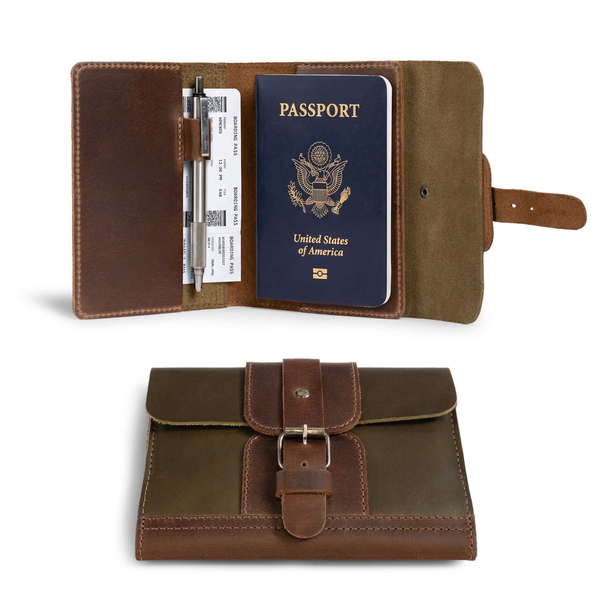 Open view of a Vintage Adventure Passport Cover by Littlefield Chicago, showcasing a passport and cards inside this rustic bifold case. It's the perfect Adventure Passport Holder for Travel, made of Full Grain Leather, featuring a pocket sleeve design. Crafted with care in small batches, hand cut and sewn for durability, and fire branded by artisans in La Antigua Guatemala & Oaxaca Mexico.