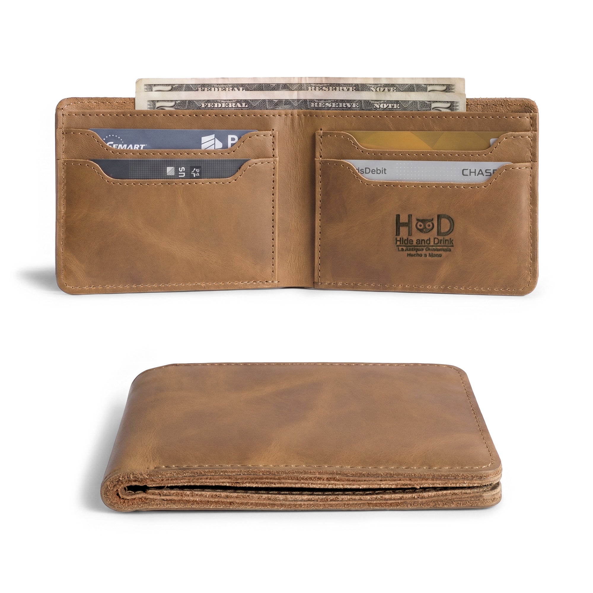 Open dark brown Classic Wallet from Hide & Drink showcasing card slots and cash. This Classic Bifold Wallet, made from Full Grain Leather, provides a convenient storage case for identification. A stylish travel accessory, it features artisan craftsmanship and is the result of small batch production, hand cut and sewn in La Antigua Guatemala & Oaxaca Mexico.