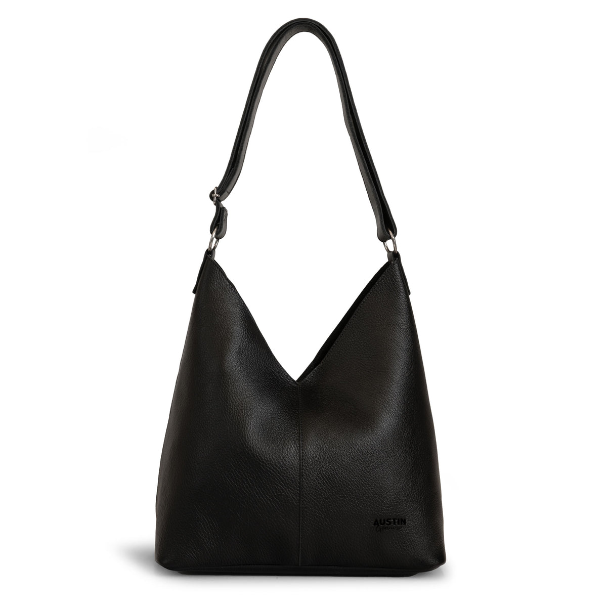 Austin Genuine The Tarrytown Hobo Bag, a black full grain leather hobo shoulder bag with a curved silhouette and adjustable strap. The Tarrytown Hobo Bag Full Grain Leather, StockyardX, Small Batch Production, Hand Cut, Hand Sewn, Fire Branded, Artisan, Handmade in La Antigua Guatemala & Oaxaca Mexico.