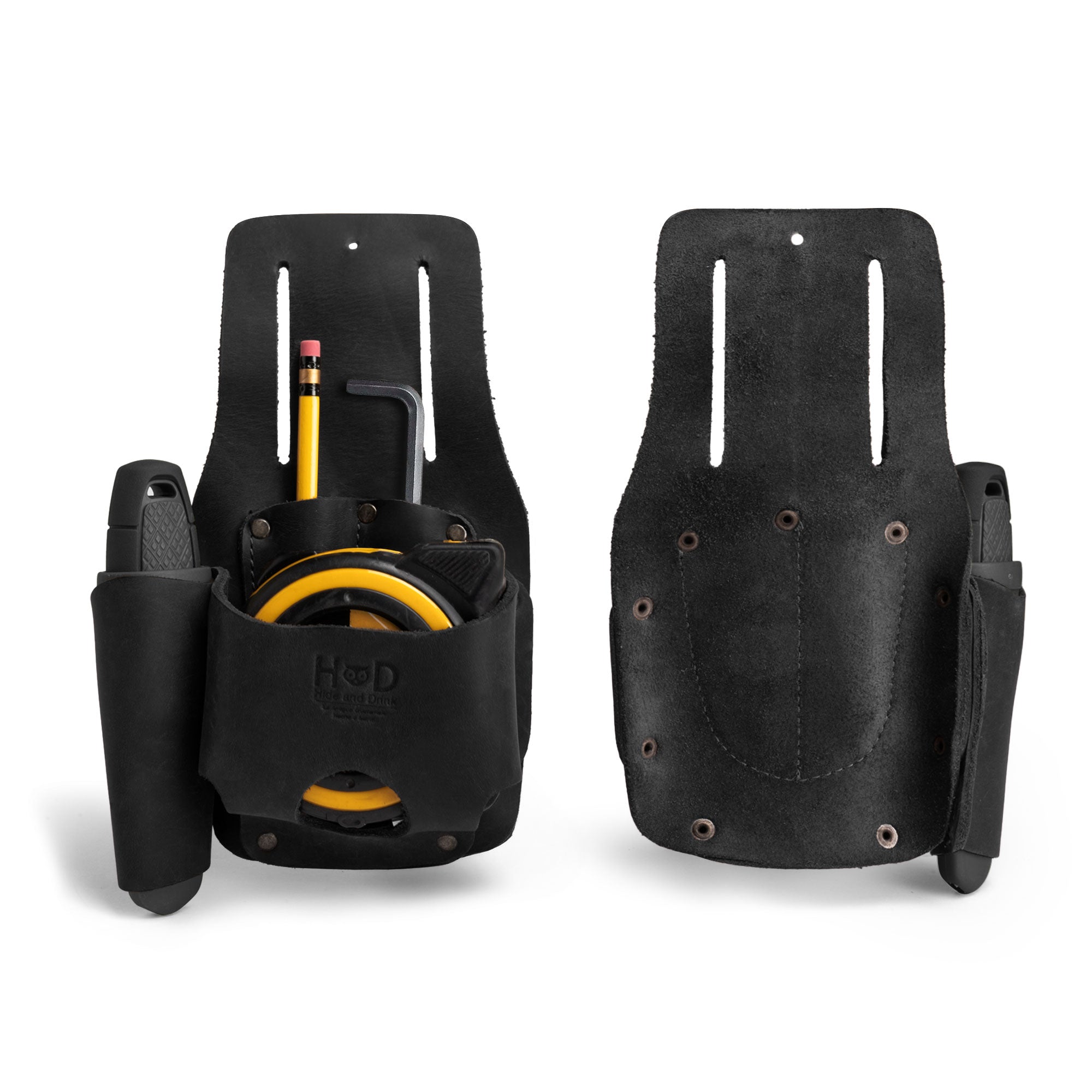 Hide & Drink Tape And Knife Holder in black leather design, offering stylish and practical storage. This Tape & Knife Holder is the ideal tool case for easy access to your regular tools. Featuring quality full grain leather, it's a reliable pocket belt pouch, handmade by artisans in La Antigua Guatemala.