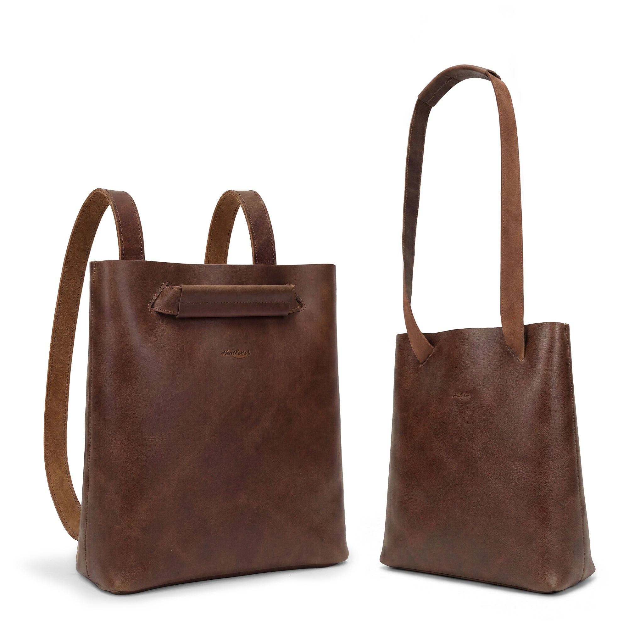 Heather's Convertible Backpack to Shoulder Bag displayed in a chic design, showcasing the Full Grain Leather craftsmanship. Perfect as a Spacious Crossbody for Women, this Squared Purse demonstrates the beauty of Small Batch Production, featuring details of handmade quality with fire branded artistry, handcrafted in La Antigua Guatemala & Oaxaca Mexico.