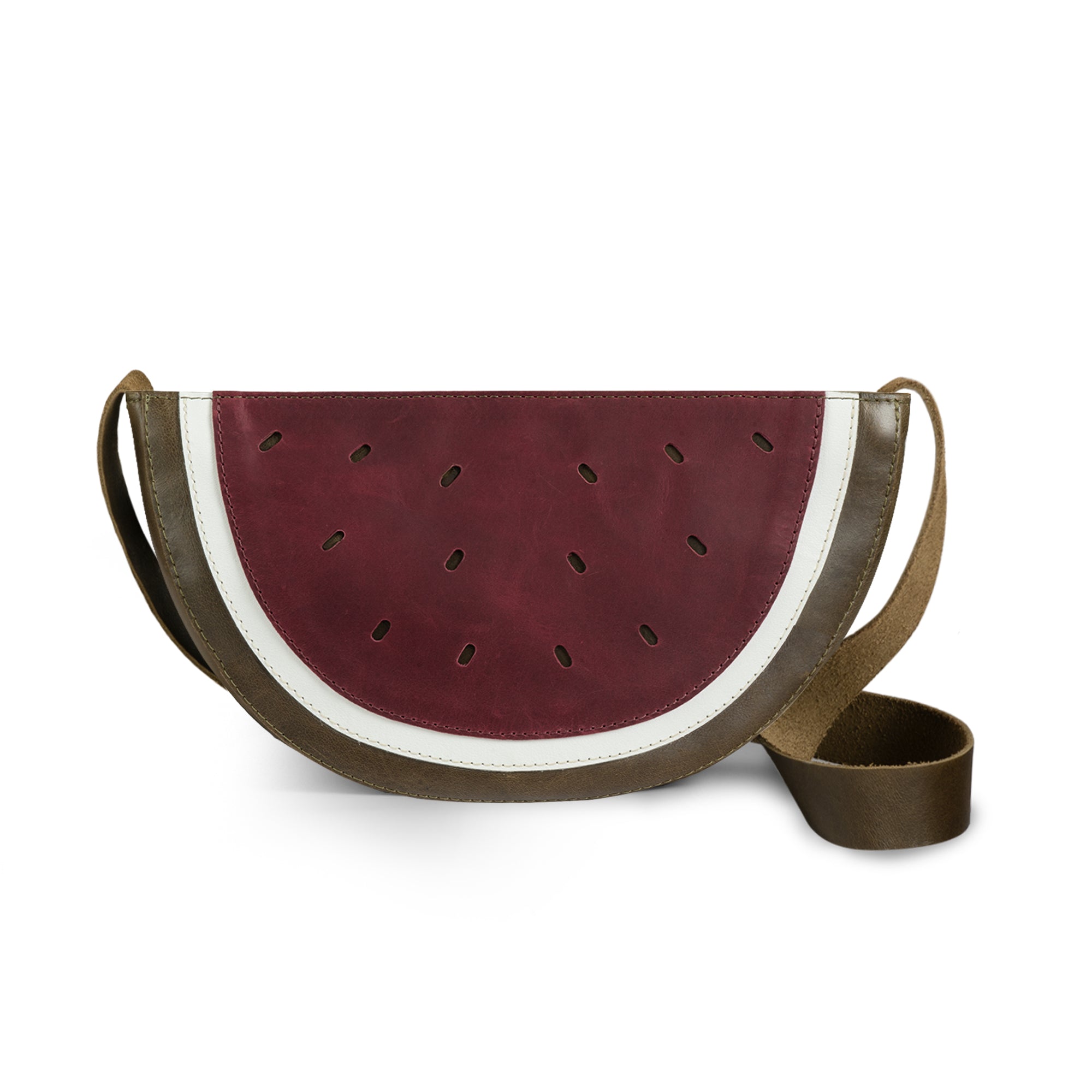 Watermelon-Shaped Shoulder Bag by Tudi Frudi featuring an adjustable strap, perfect for everyday use as a Crossbody Bag. This stylish Messenger Bag is crafted from high-quality Full Grain Leather, showcasing artisan techniques of small batch production, hand cut, hand sewn, and fire branded. Handmade in La Antigua Guatemala & Oaxaca Mexico.