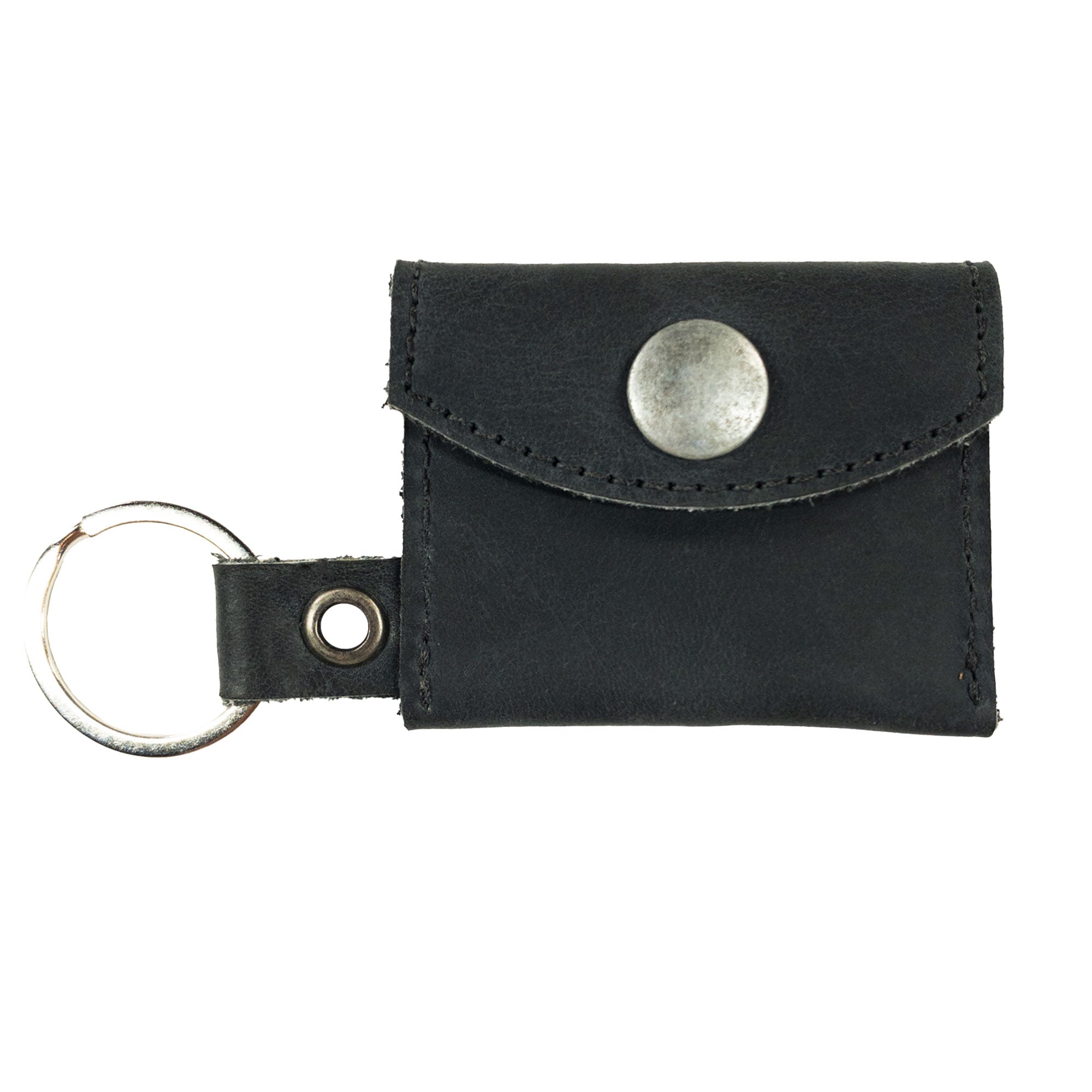 Black version of the Tiny Coin Holder Keychain by Hide & Drink, made from premium Full Grain Leather. This versatile Tiny Coin Holder demonstrates the brand's commitment to small batch production and artisan craftsmanship, handmade in Mexico.