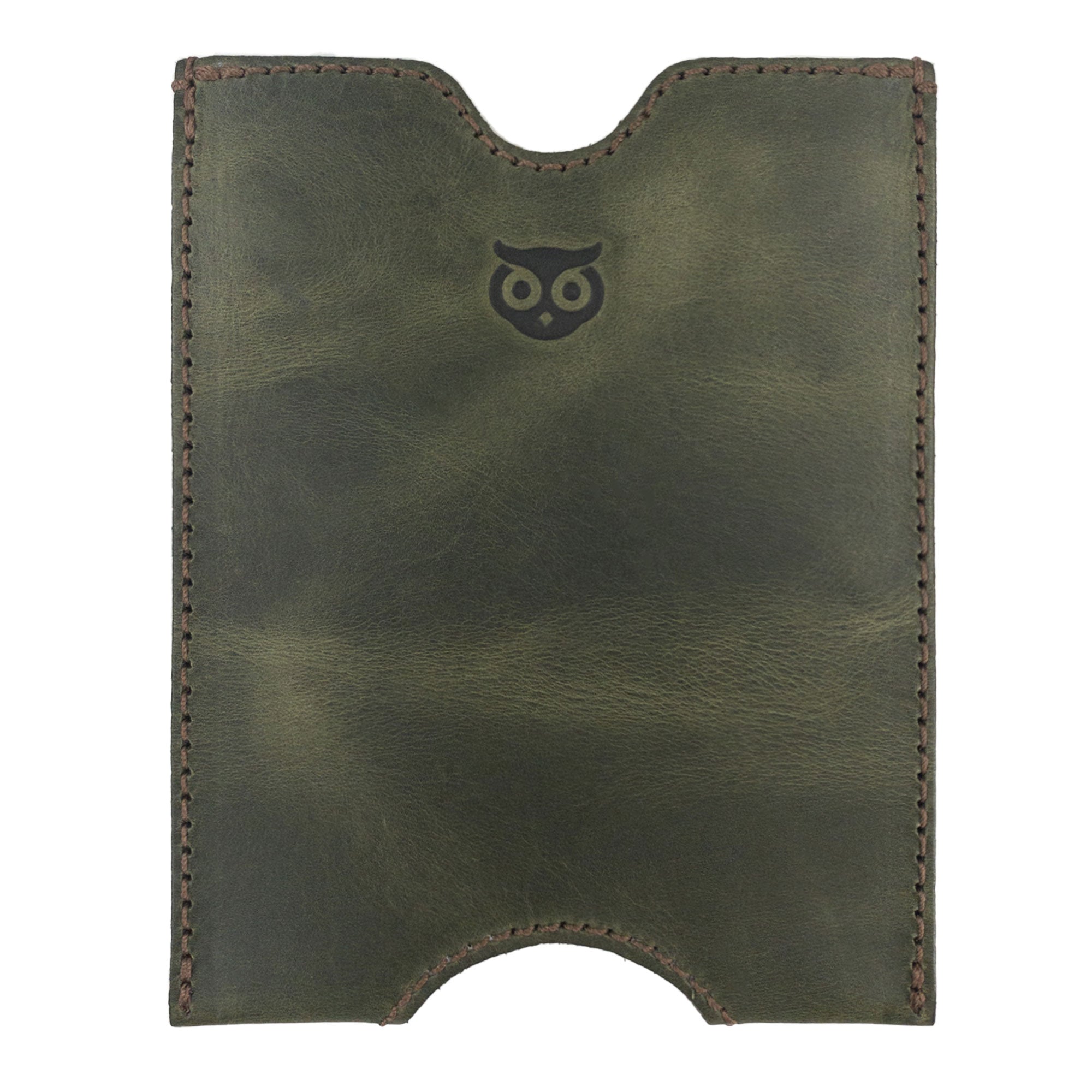 Side profile of Hide & Drink's green Passport Sleeve, meticulously handcrafted from Full Grain Leather. This artisan Travel Passport Pocket Sleeve features fire branded details, made in Small Batch Production.