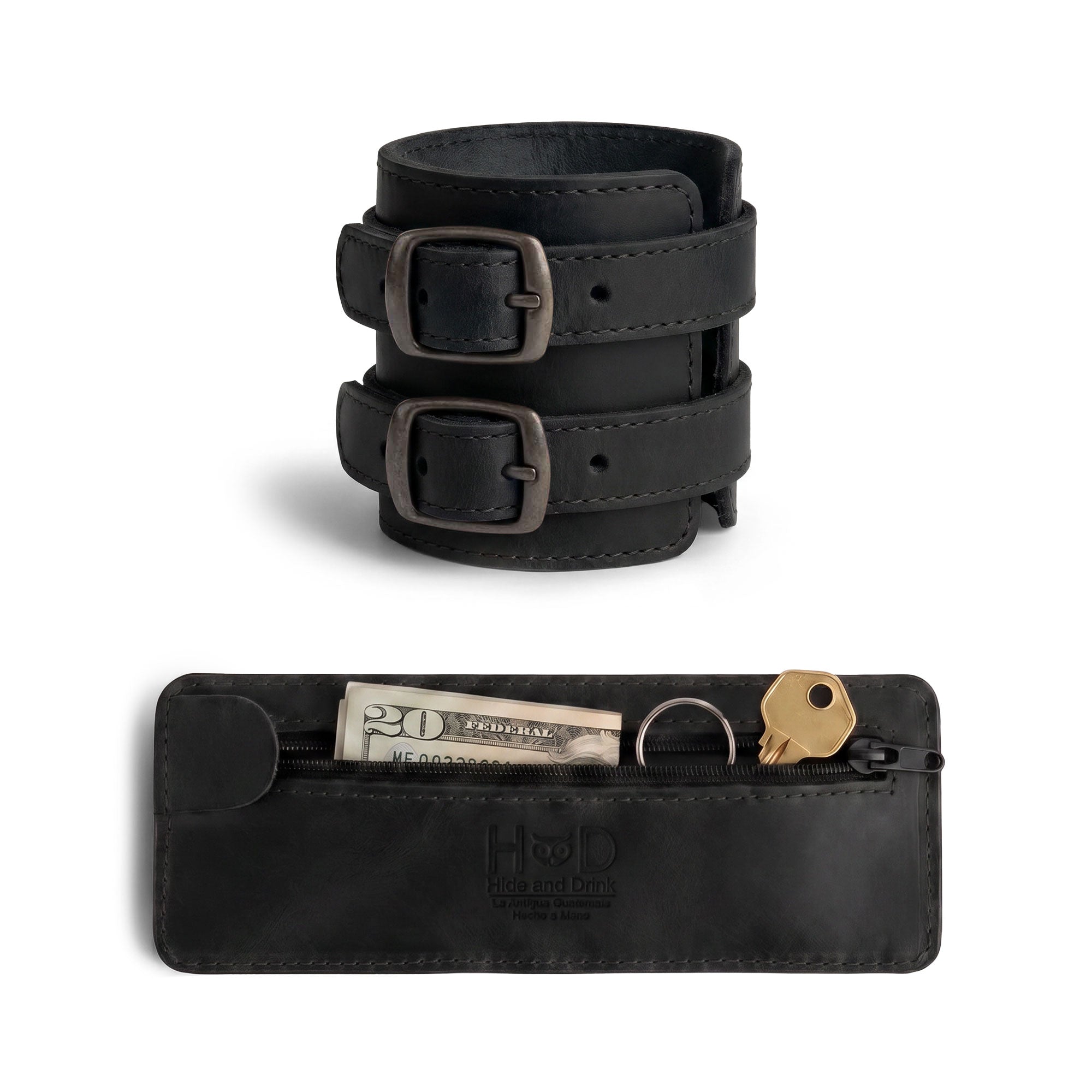 A stylish open view of Hide & Drink's Wrist-Wallet-Cuff demonstrating its practical hidden pouch for bills. Crafted from Full Grain Leather, this rustic leather bracelet features an inner zippered pouch. Handmade in La Antigua Guatemala & Oaxaca Mexico, it combines craftsmanship with modern functionality, perfect for daily wear.