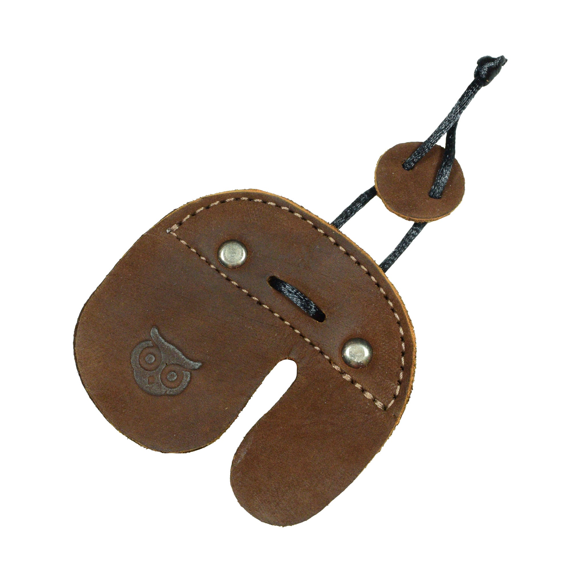 The Hide & Drink Left Handed Archery Finger Protector exhibited in a stylish angle, focusing on its design and functionality. This Archery Finger Tab serves as an essential Protect Guard for Recurve Bows, made of superior Full Grain Leather. Perfect for shooting practice gear, its artisan craftsmanship showcases StockyardX's commitment to quality.