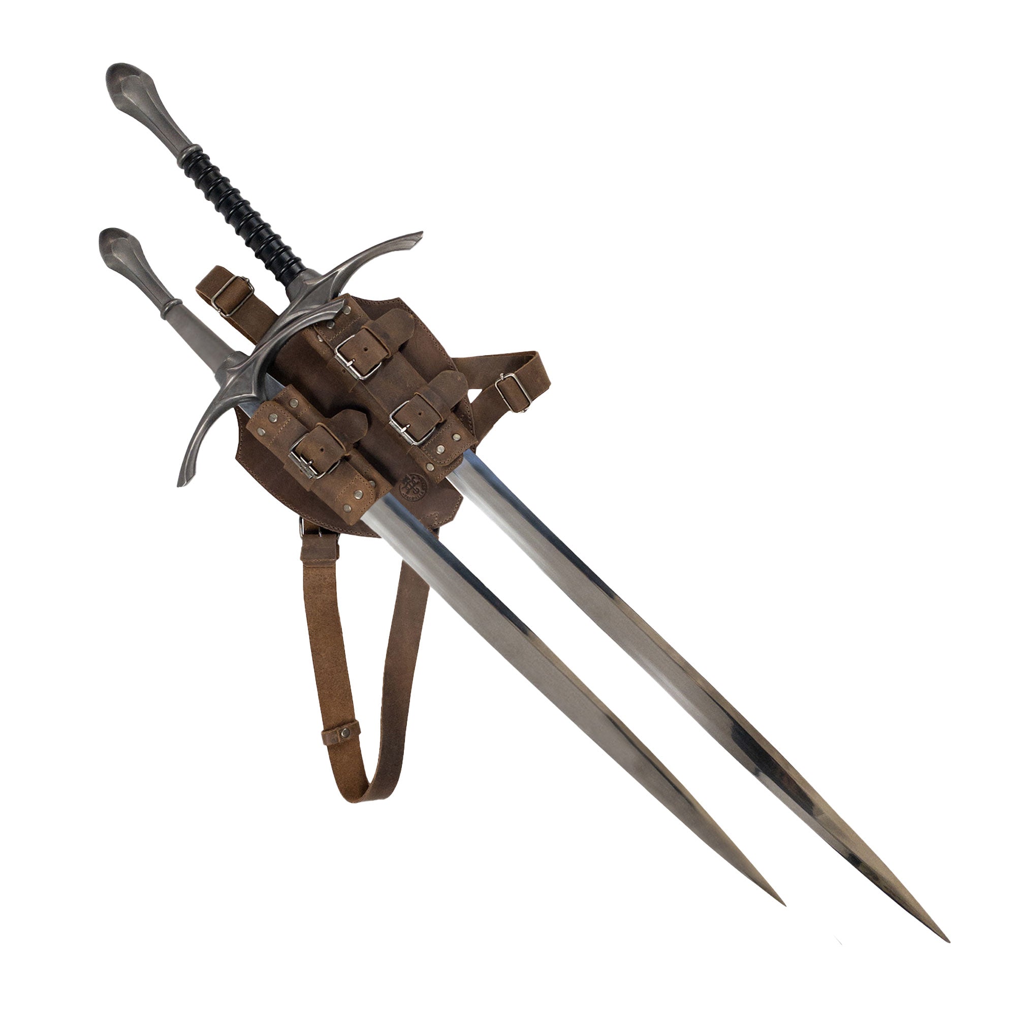 Medieval Back Double Sword Shoulder Frog showcased with swords in a full grain leather Renaissance sheath holster, perfect for knight cosplay or warrior costume by Valhalla Gear. This handmade accessory features artisan craftsmanship, hand cut, hand sewn methods, and is fire branded, made in La Antigua Guatemala.