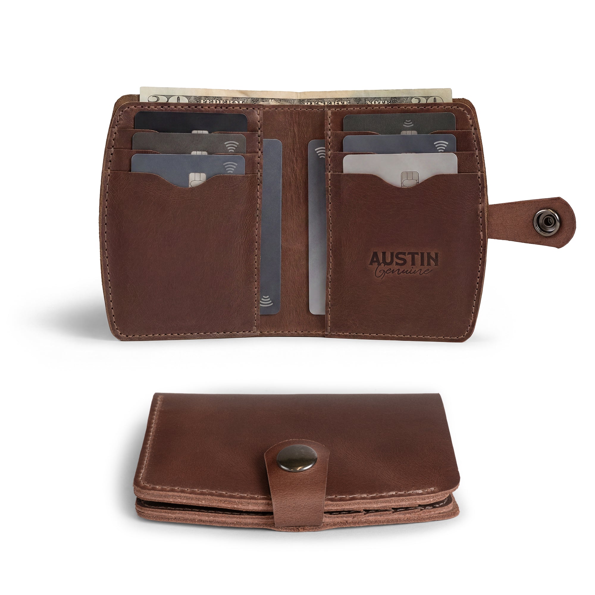 Open Austin Genuine The Waterloo Bifold Wallet in Full Grain Leather, showing card slots, cash compartments, snap closure, and compact organizer design. StockyardX, Small Batch Production, Hand Cut, Hand Sewn, Fire Branded, Artisan, Handmade in La Antigua Guatemala & Oaxaca Mexico.