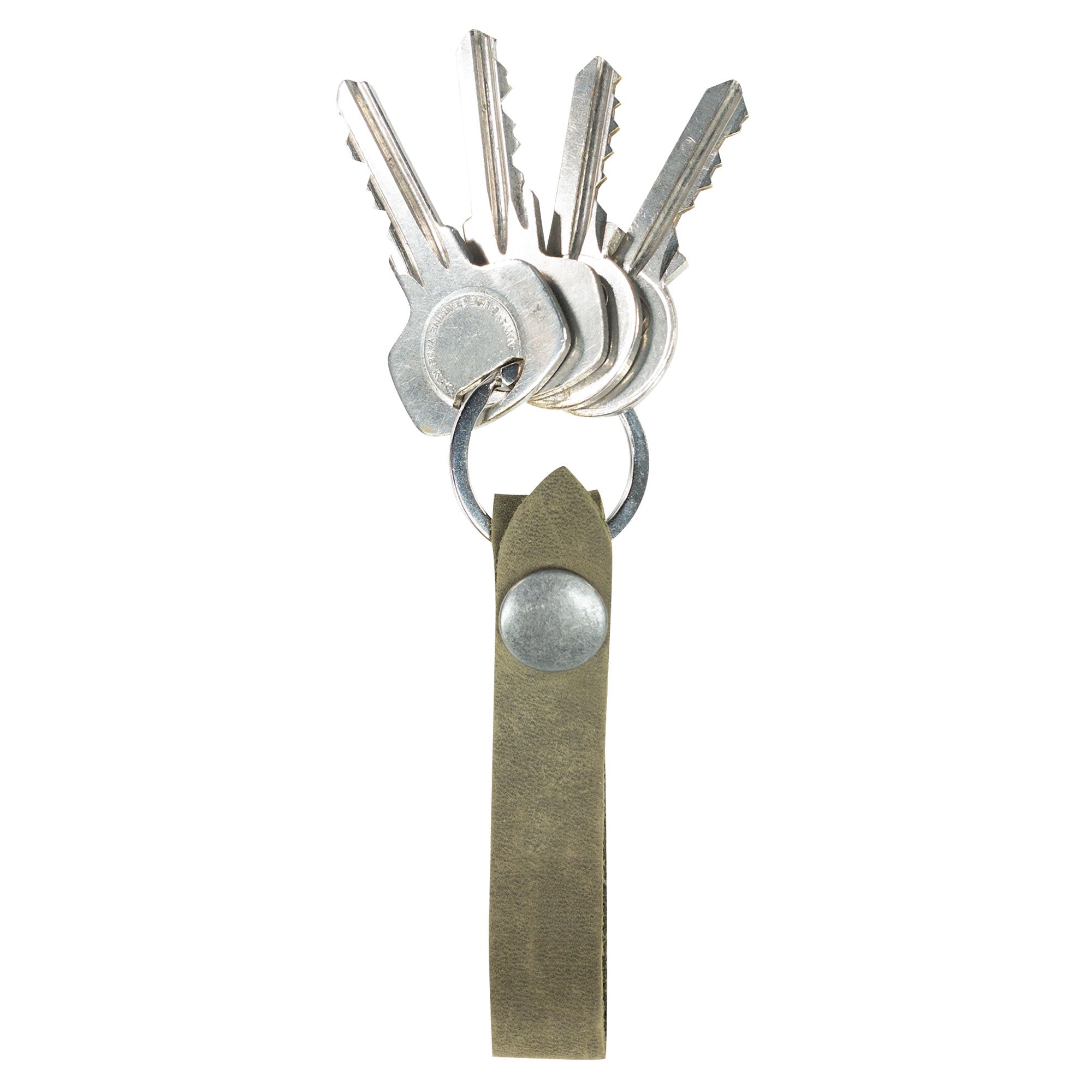 Hide & Drink Loop Keychain displaying a sleek olive green design, perfect for key organization. This artisan crafted rustic keychain with belt loop is handmade from full grain leather in La Antigua Guatemala & Oaxaca Mexico.