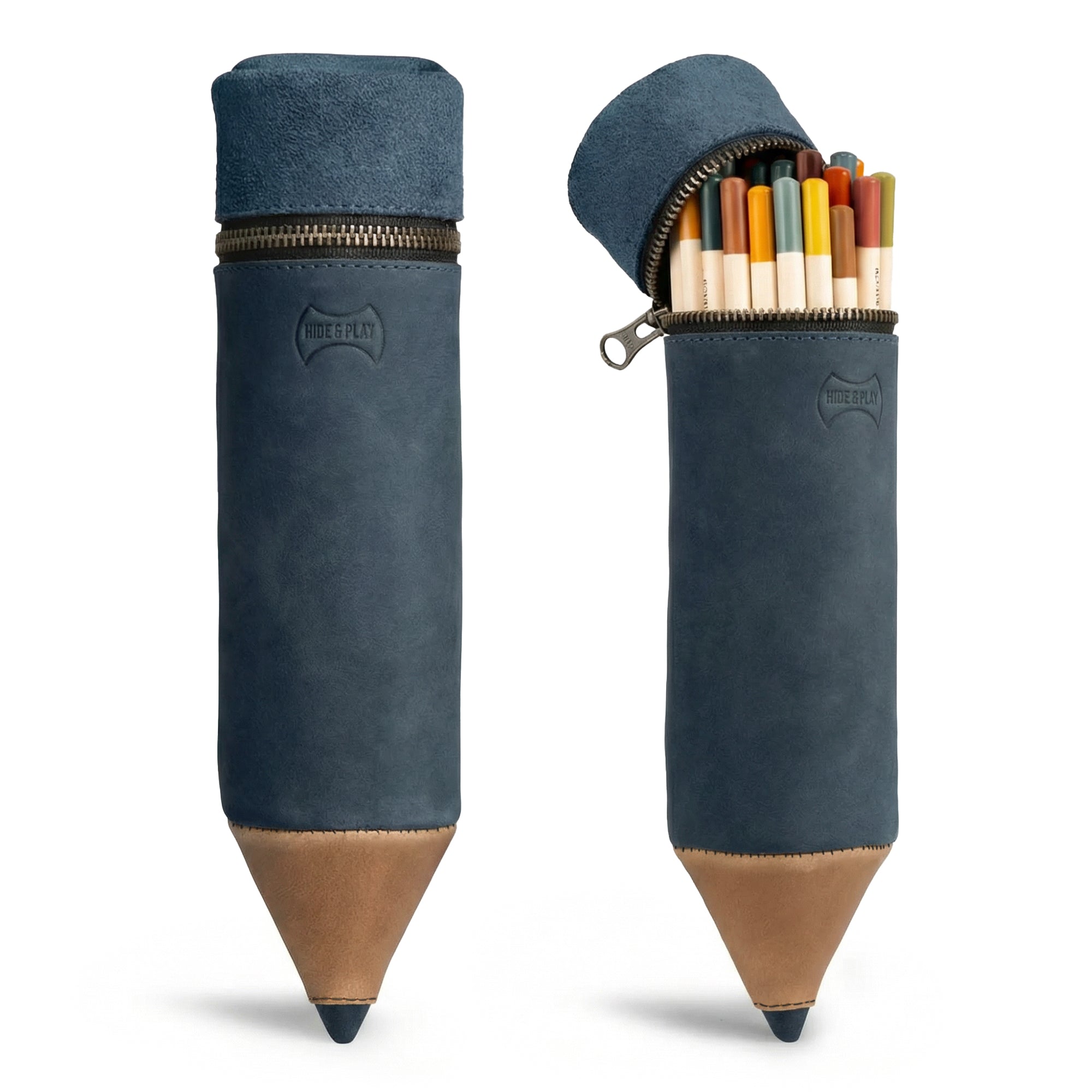 Stylish Pencil-Shaped Case by Hide & Play, designed for pens, pencils, markers, and office accessories. This zippered bag offers elegant pen storage made of full grain leather, showcasing artisan craftsmanship with small batch production, hand cut, hand sewn, and fire branded details. Handmade in La Antigua Guatemala.