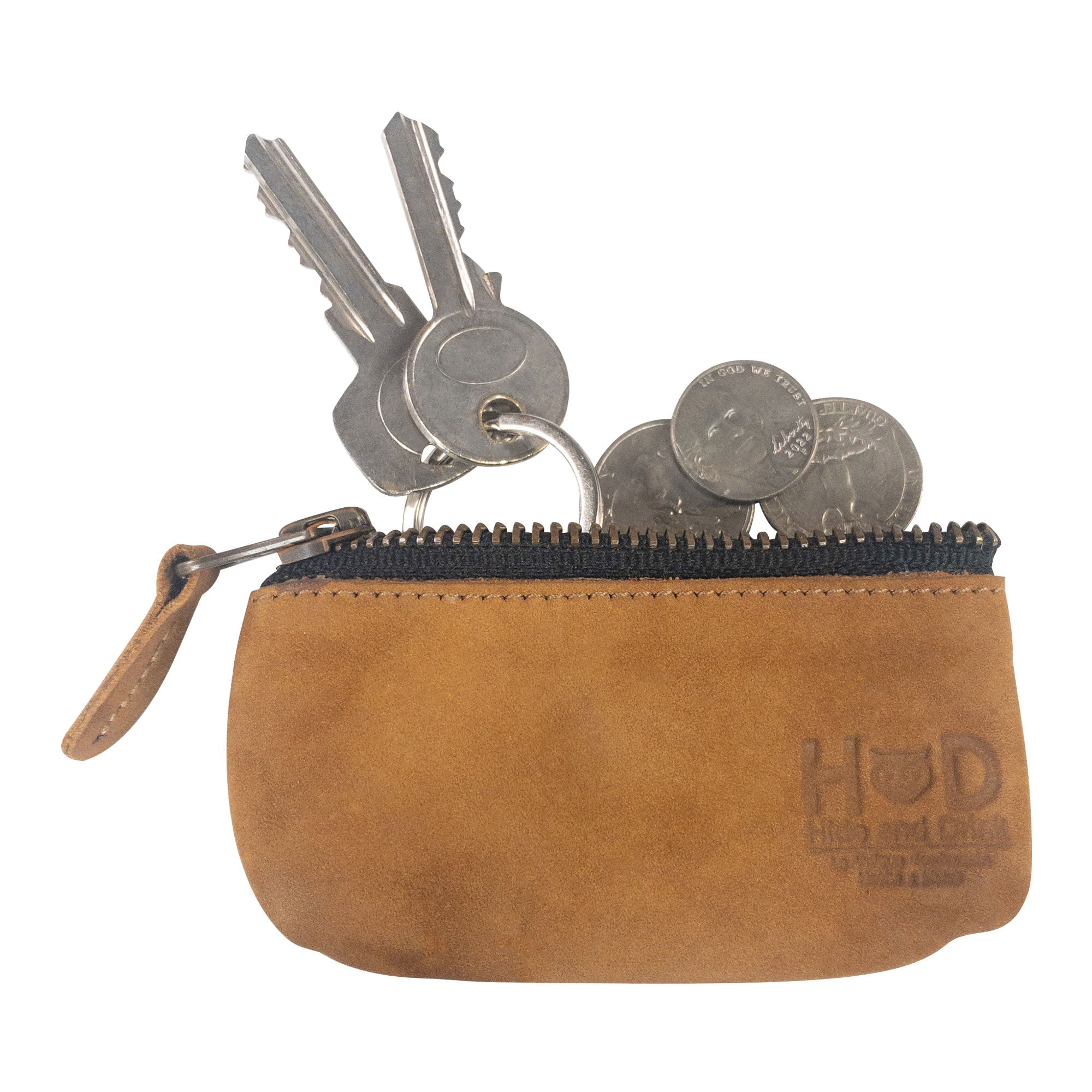 Hide & Drink Key Holder Zippered Pouch in rich brown, perfect for coins or charging cables. This vintage style zippered pouch is artisan-made from high-quality full grain leather.