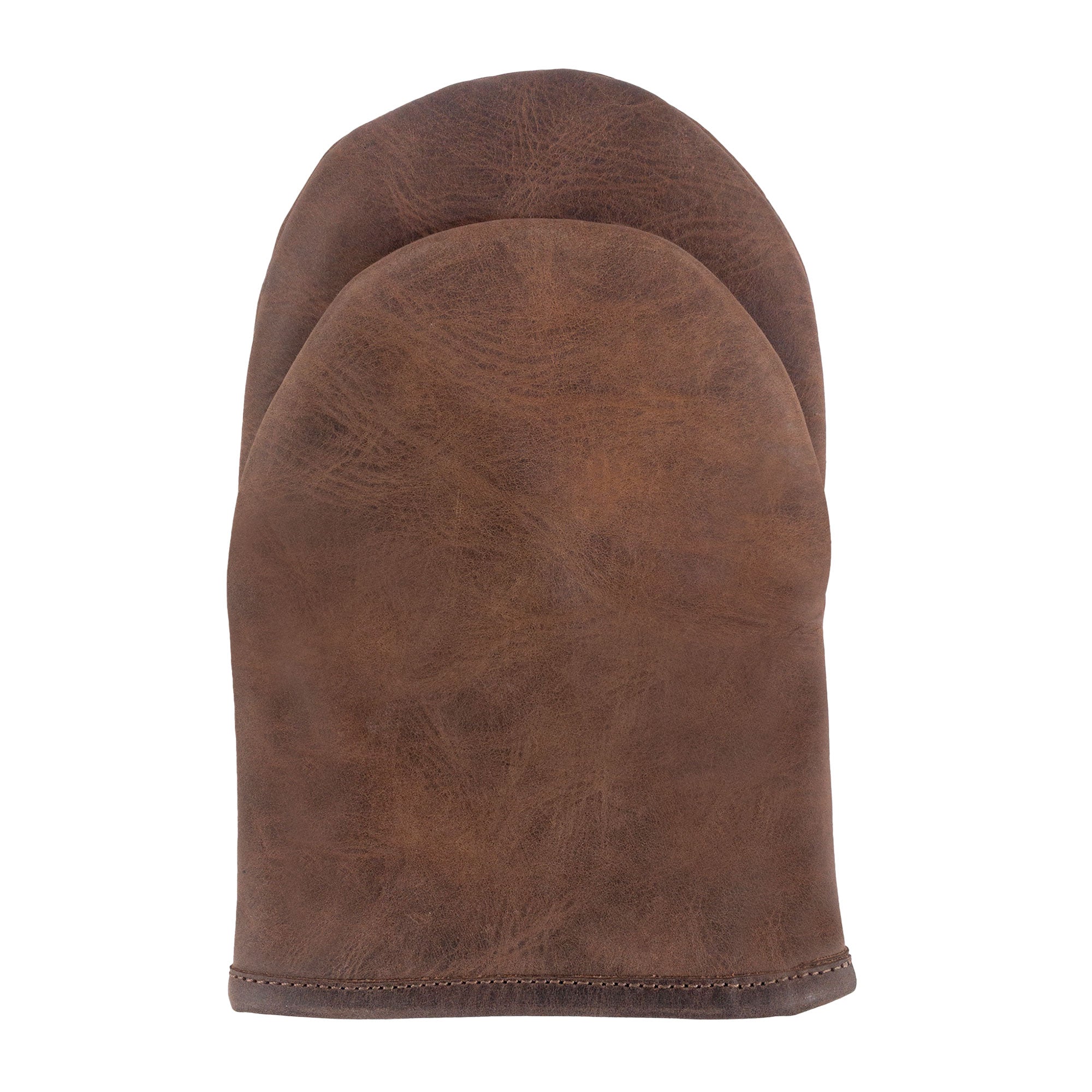 The front view of Cast Leather Co. Dual-Hand Leather Oven Mitt, an essential baking and cooking companion. Made from durable Full Grain Leather, this handmade oven glove offers heat resistance and protection. Ideal for any kitchen, being part of small batch production and expertly crafted in La Antigua Guatemala & Oaxaca Mexico.