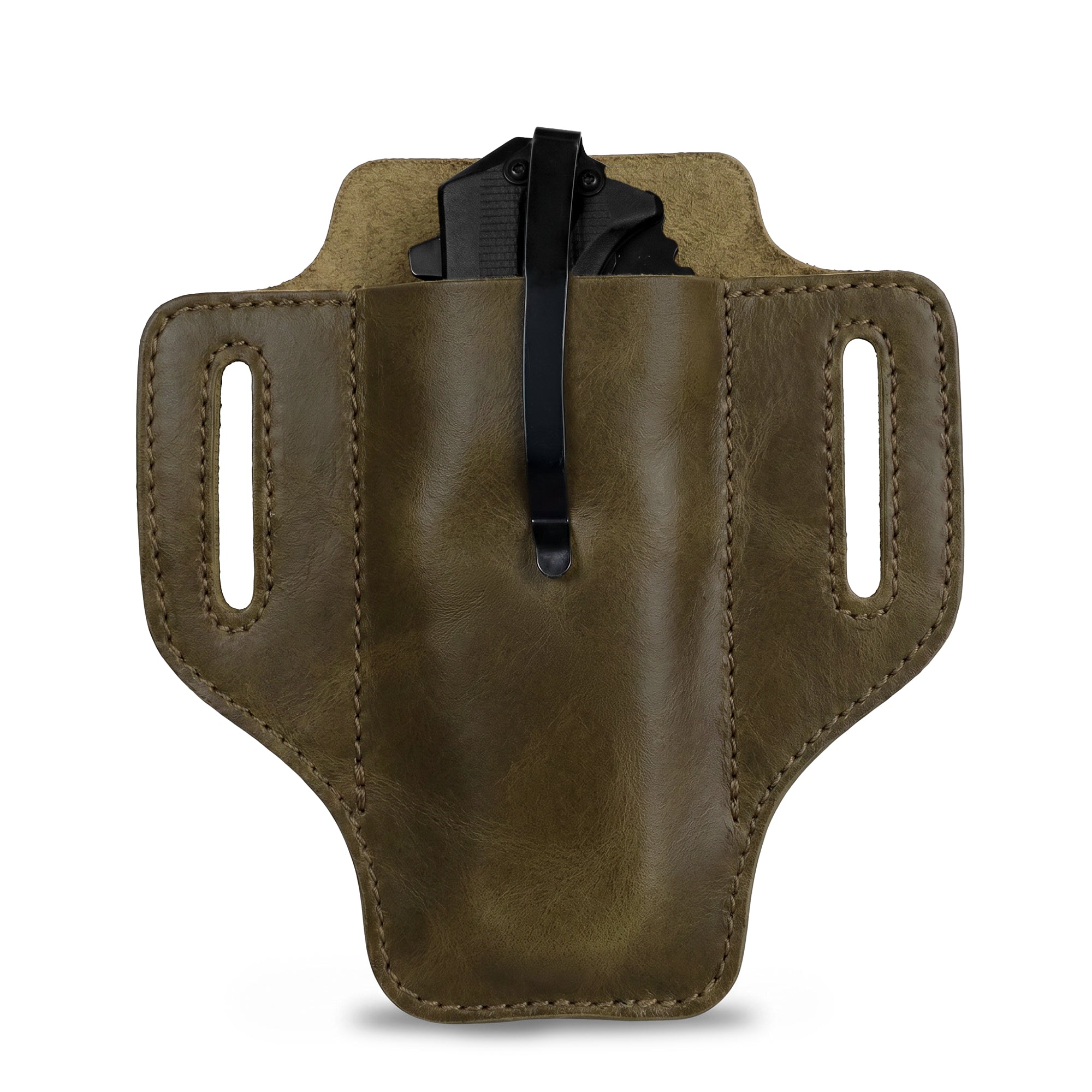 Hide & Drink's Tactical Knife Holster in olive green Full Grain Leather, designed to hold knives securely. This Tactical Knife Leather Holster is an excellent multitool holder for camping & outdoor accessories, reflecting small batch production craftsmanship from La Antigua Guatemala & Oaxaca Mexico.