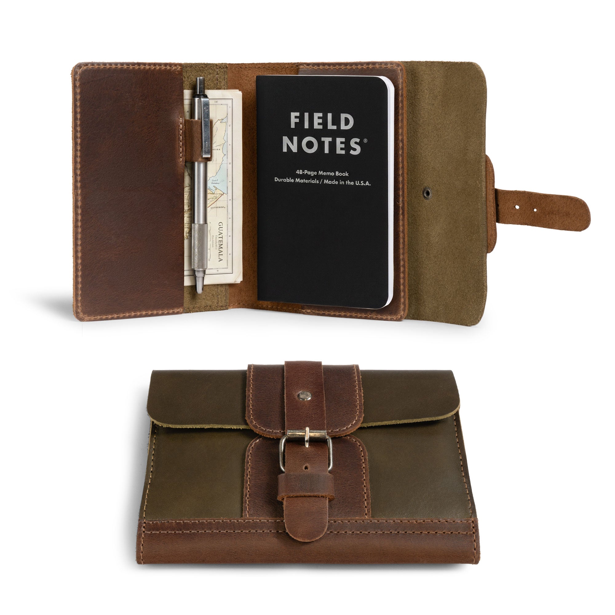 Open Adventurer Field Notes Cover crafted by Littlefield Chicago, featuring compartments for notebooks and pens. This Adventurer Journal Cover for Field Notes (3.5 x 5.5 in. Notebook not Included) serves as a Notebook Holder and Journaling Accessory for Outdoors. Made from Full Grain Leather, it's a refillable Travel Sleeve that's hand cut and hand sewn in small batch production, reflecting artisan craftsmanship in La Antigua Guatemala and Oaxaca Mexico.