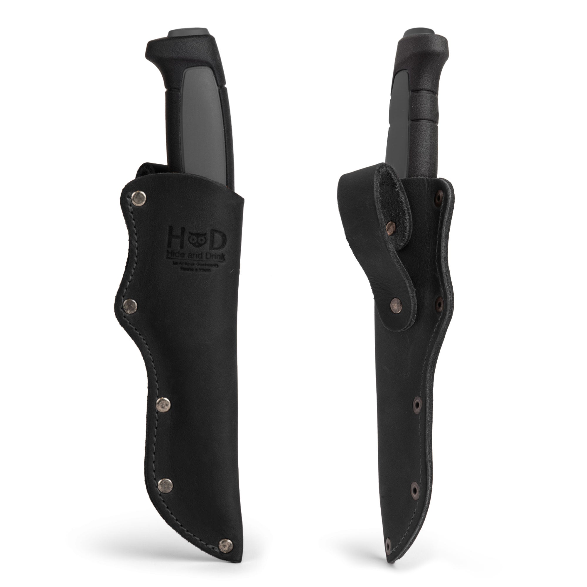 Belt Mora Knife Sheath by Hide & Drink, showcasing a unique Thick Sheath for Mora Knife with Belt Loop. A handcrafted rustic accessory made from quality Full Grain Leather.