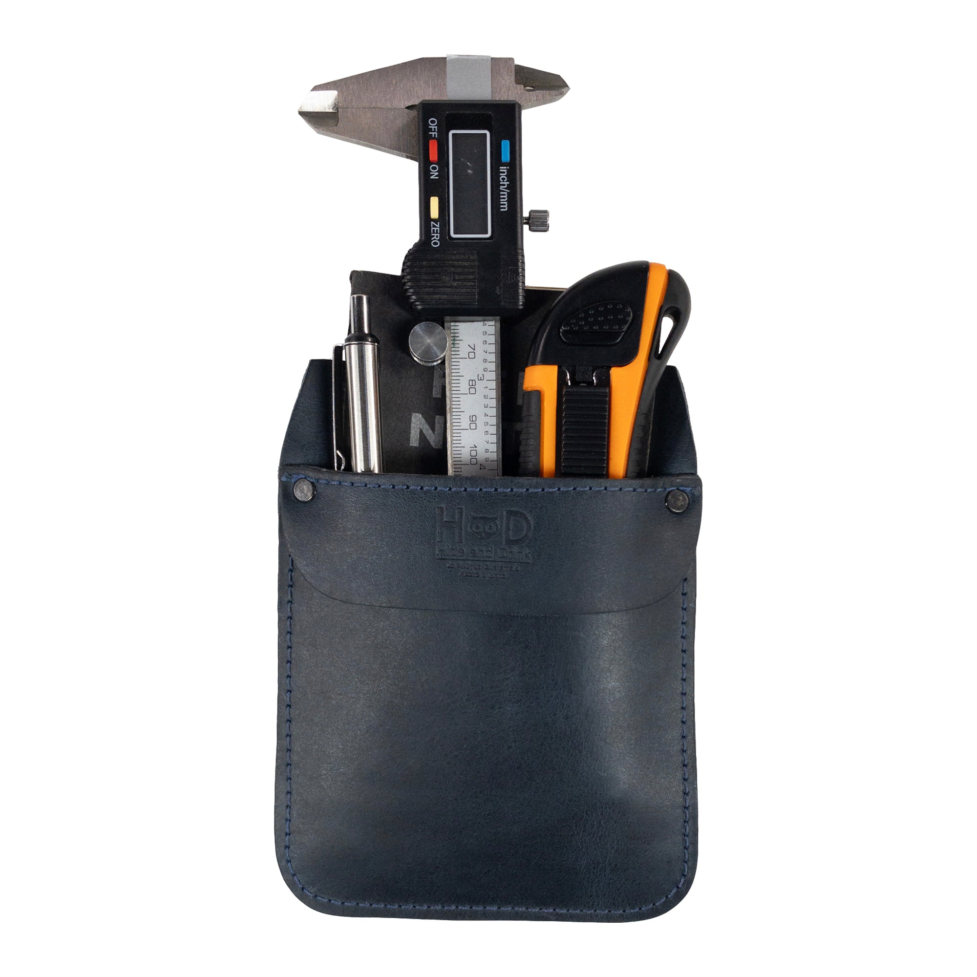 Hide & Drink Leather Work Pocket displayed alongside tools, illustrating its practical use as a Work Pocket Organizer for Tools. Made from high-quality Full Grain Leather, offering both style and durability.