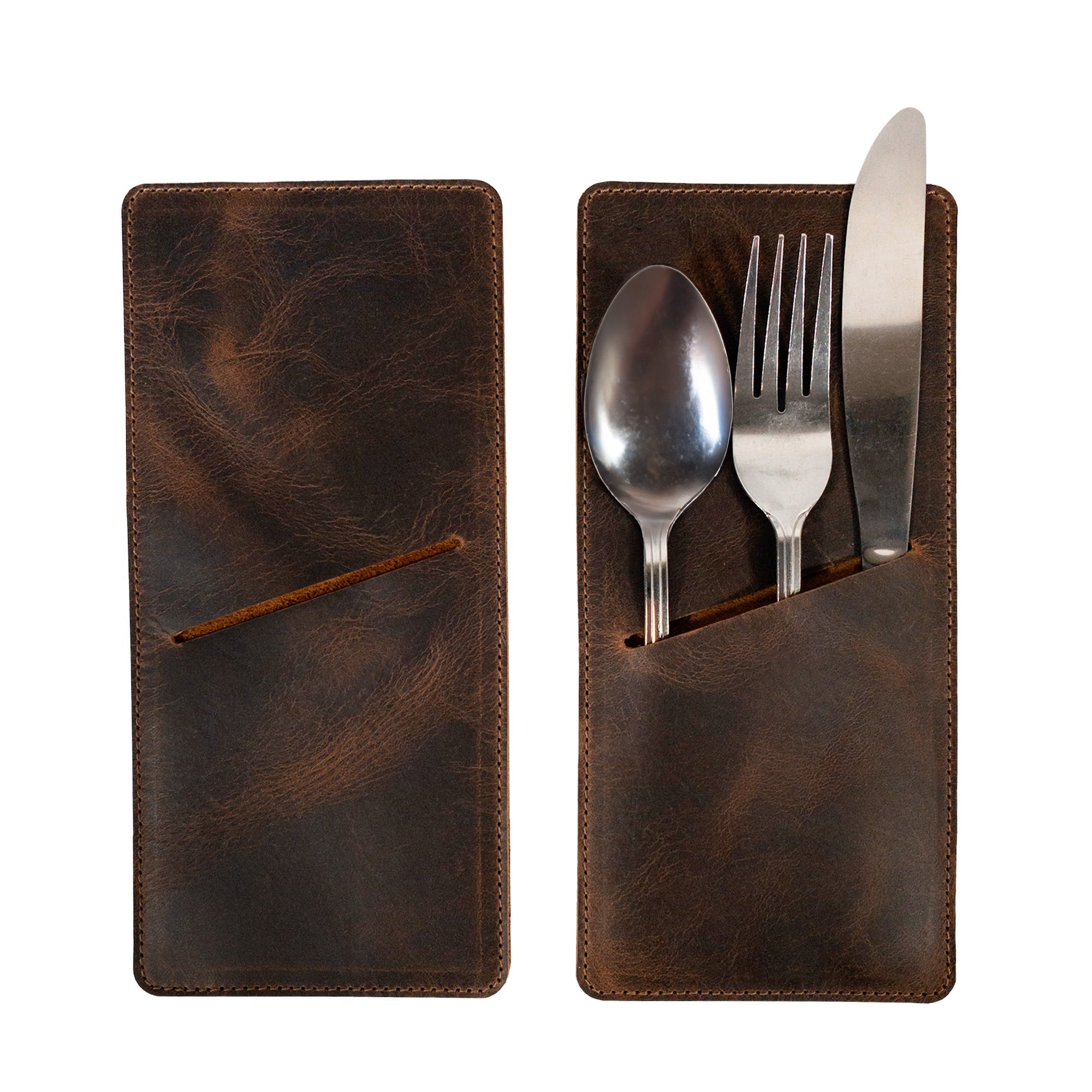 Set of 2 Rectangular Sleeves for Cutlery by Cast Leather Co., featuring rich full grain leather, ideal for organizing utensils with style. Perfect for any dining occasion, showcasing the artistry of small batch production, hand cut, hand sewn, and fire branded craftsmanship, all made in La Antigua Guatemala & Oaxaca Mexico.
