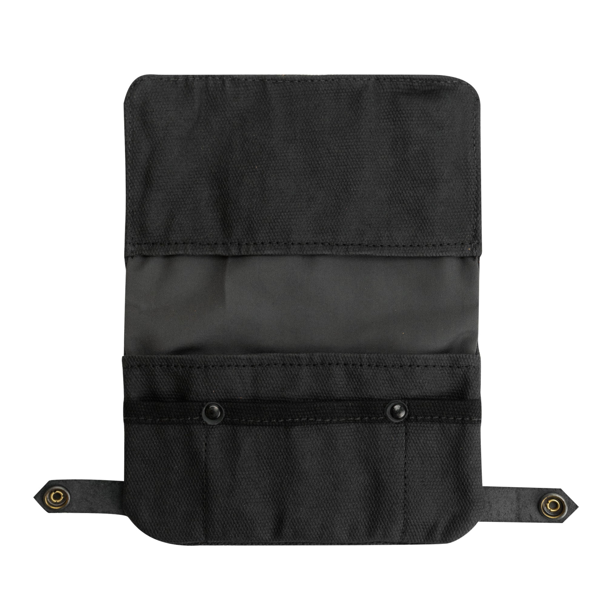 Interior view of the black Hide & Drink Tobacco Pouch Waxed Canvas showcasing its practical compartments. This handmade artisan pouch is essential for tobacco lovers, emphasizing classic storage style.