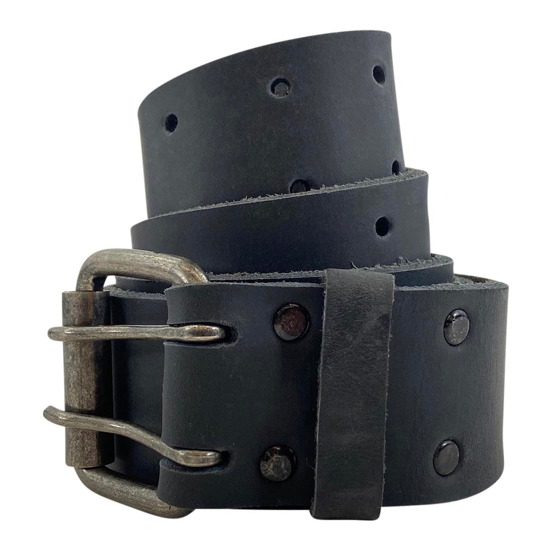 Close-up view of the black Reinforced Double Prong Buckle Belt by Hide & Drink, highlighting the texture and buckle. This 1.5 in. wide belt is crafted from full grain leather, demonstrating stockyardX values, small batch production, and showcasing hand cut, hand sewn, fire branded artisan techniques, made in La Antigua Guatemala & Oaxaca Mexico.