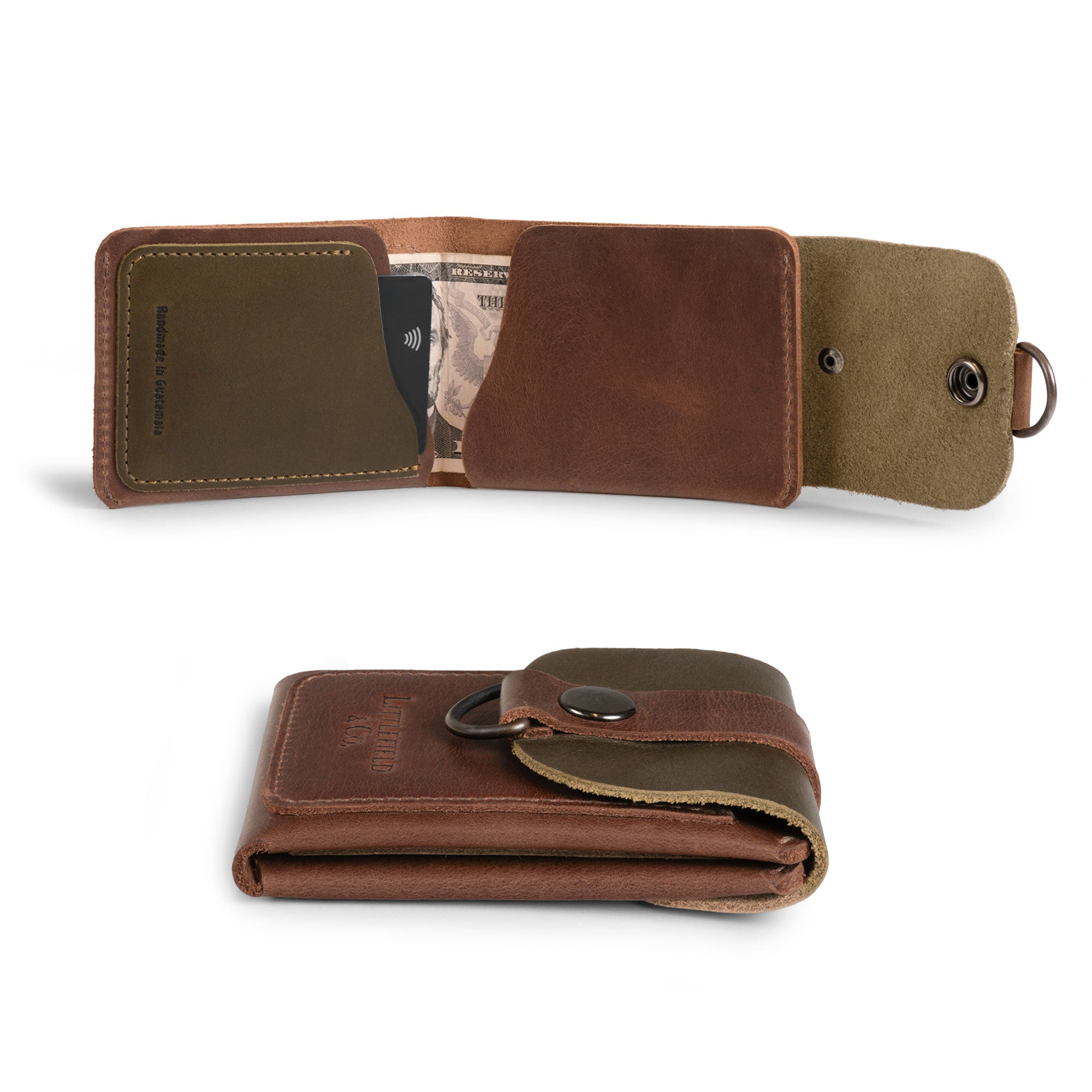 The Vintage Adventure Wallet by Littlefield Chicago, featuring a slim bifold design made from full grain leather. This hanging wallet for backpack offers multiple compartments as a compact men's bill organizer, perfect for your ID card holder and travel accessories. Each wallet is hand cut and hand sewn, showcasing artisan craftsmanship from La Antigua Guatemala & Oaxaca Mexico.