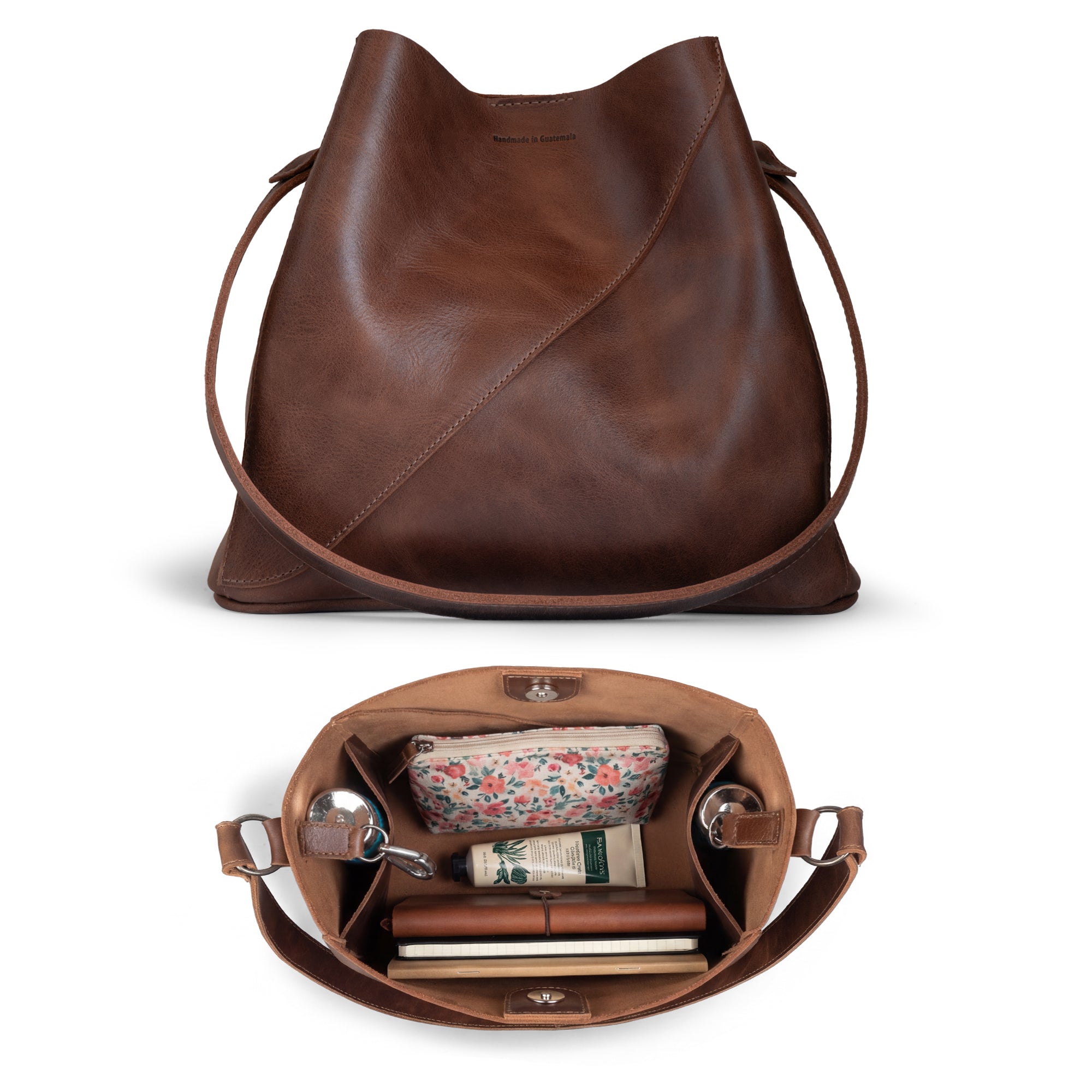 Interior view of The Pemberton Shoulder Bag by Austin Genuine, featuring its exquisite layout, full grain leather craftsmanship, and handmade details, reflecting small batch production techniques.