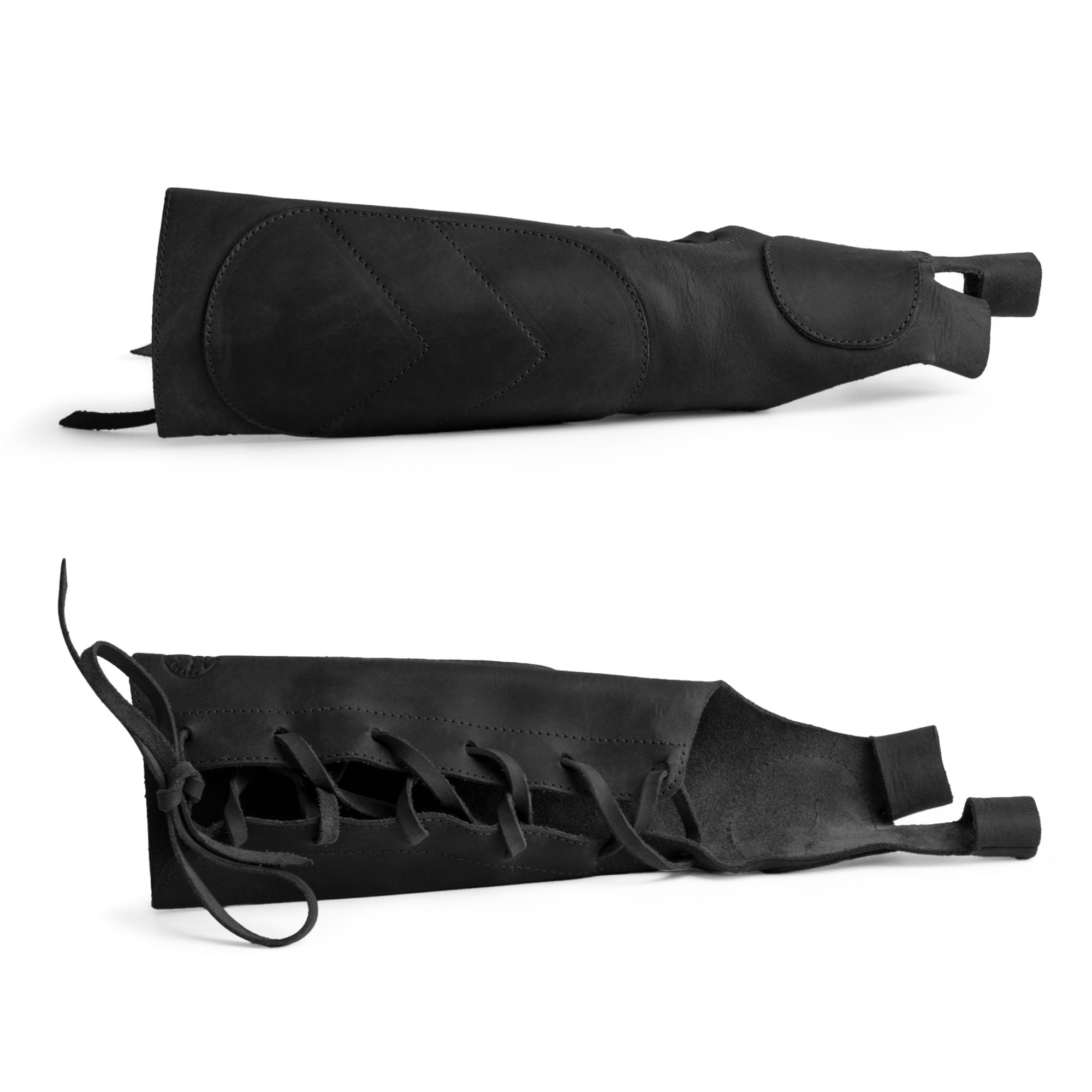 Detailed view of the black Forearm Guard for Archers by Valhalla Gear, showcasing its unique lacing design and high-quality full grain leather. This protective bracer is a perfect addition for archers of all ages seeking reliable forearm protection.