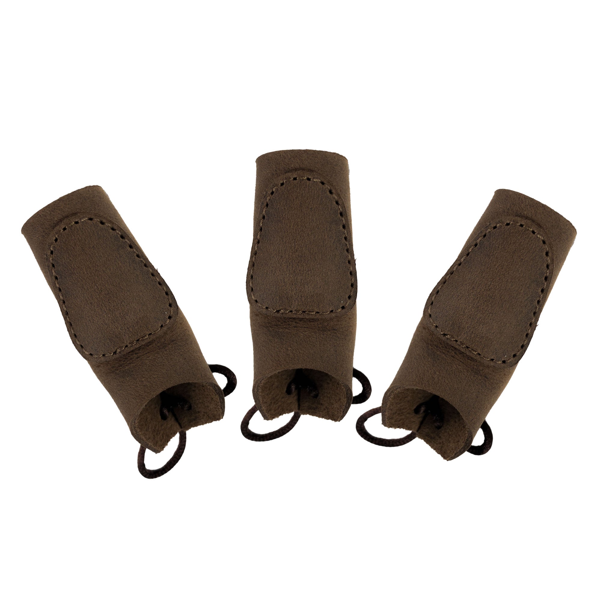 Three pieces of the Set of 3 Finger Protectors for Archery by Valhalla Gear on a white background. Constructed from full grain leather, these handy archer accessories serve as hand guards for shooting targeting and cosplay. They are expertly hand cut, hand sewn, and fire branded, showcasing the artisan quality of small batch production from La Antigua Guatemala.