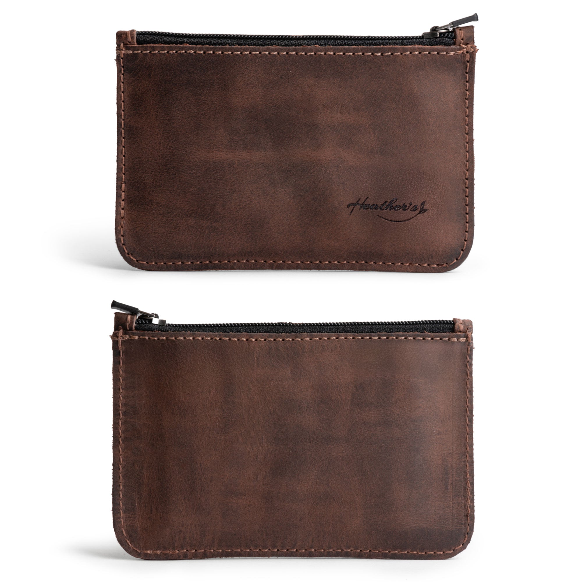 Heather's Zippered Half Wallet in rich brown full grain leather, an artisan handmade product from La Antigua Guatemala. This zippered wallet is perfect for organizing up to 6 cards plus folded bills and coins. Ideal for travel or everyday use, featuring fire branded detailing. A small batch production piece that showcases quality craftsmanship.