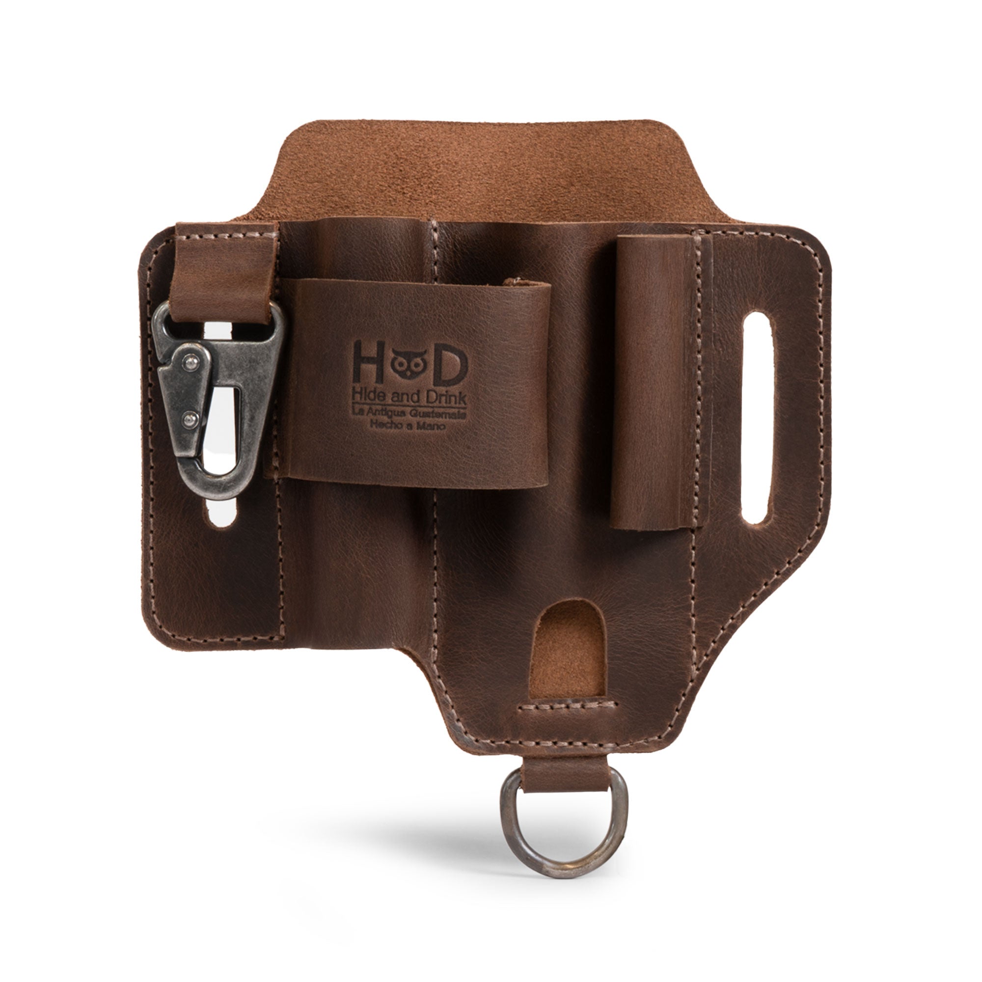 Hide & Drink Multi-tool Sheath for Waist Belt shown from the back: Leather Multi-Tool Sheath for Waist Belt, Holster with Belt Loop, Outdoor Case, EDC Organizer for Belts, Pocket Knife Sheath, Camping Accessory, Multitool Pouch in full grain leather, Handmade in La Antigua Guatemala & Oaxaca Mexico with StockyardX small batch production, Hand Cut and Hand Sewn, Fire Branded Artisan.