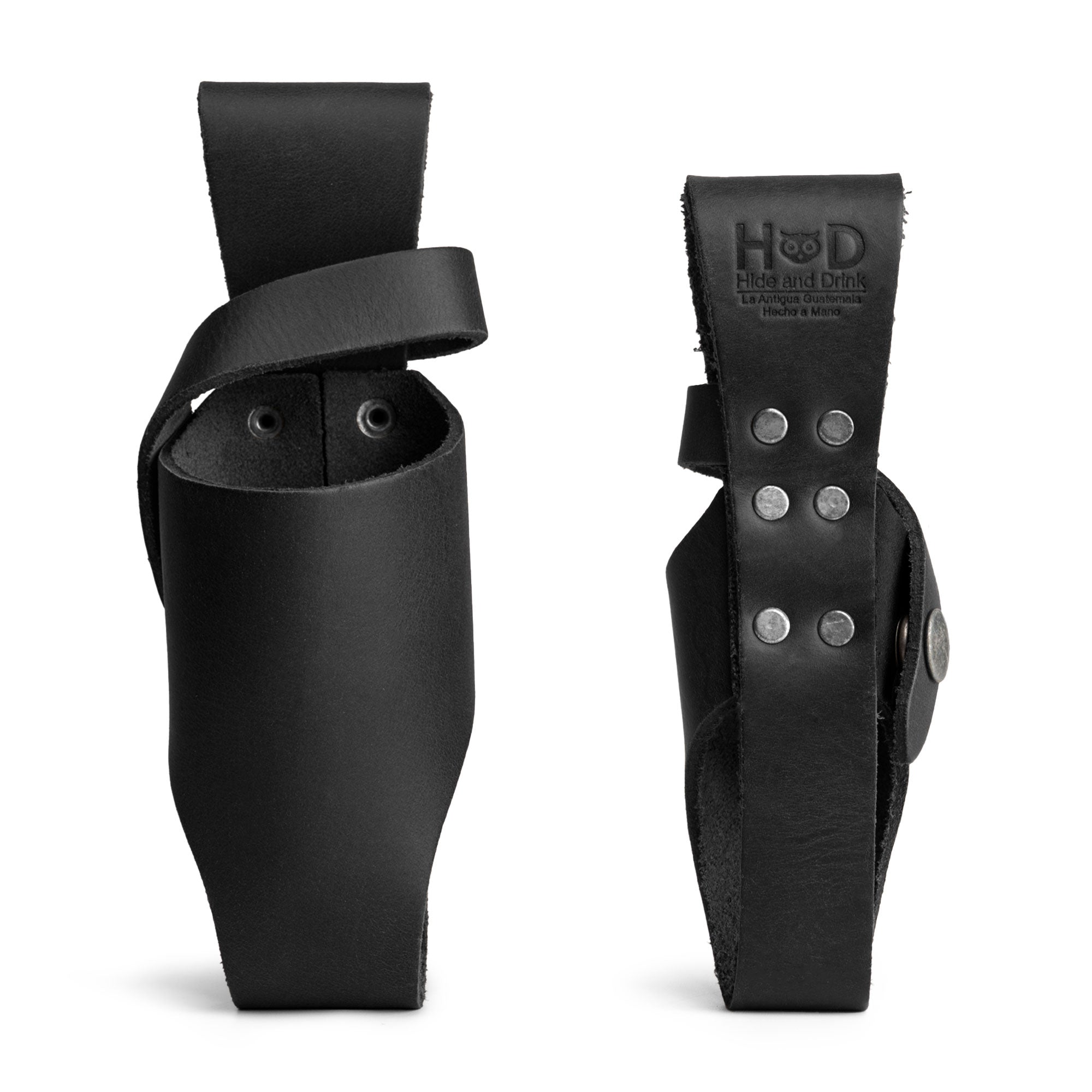 Hide & Drink Tabasco Holsters (2pk) featuring beautiful leather holders for 5oz and 2oz sauce bottles. Compatible with Tabasco and Cholulah, these full grain leather creations highlight small batch production and artisanal craftsmanship from La Antigua Guatemala & Oaxaca Mexico.