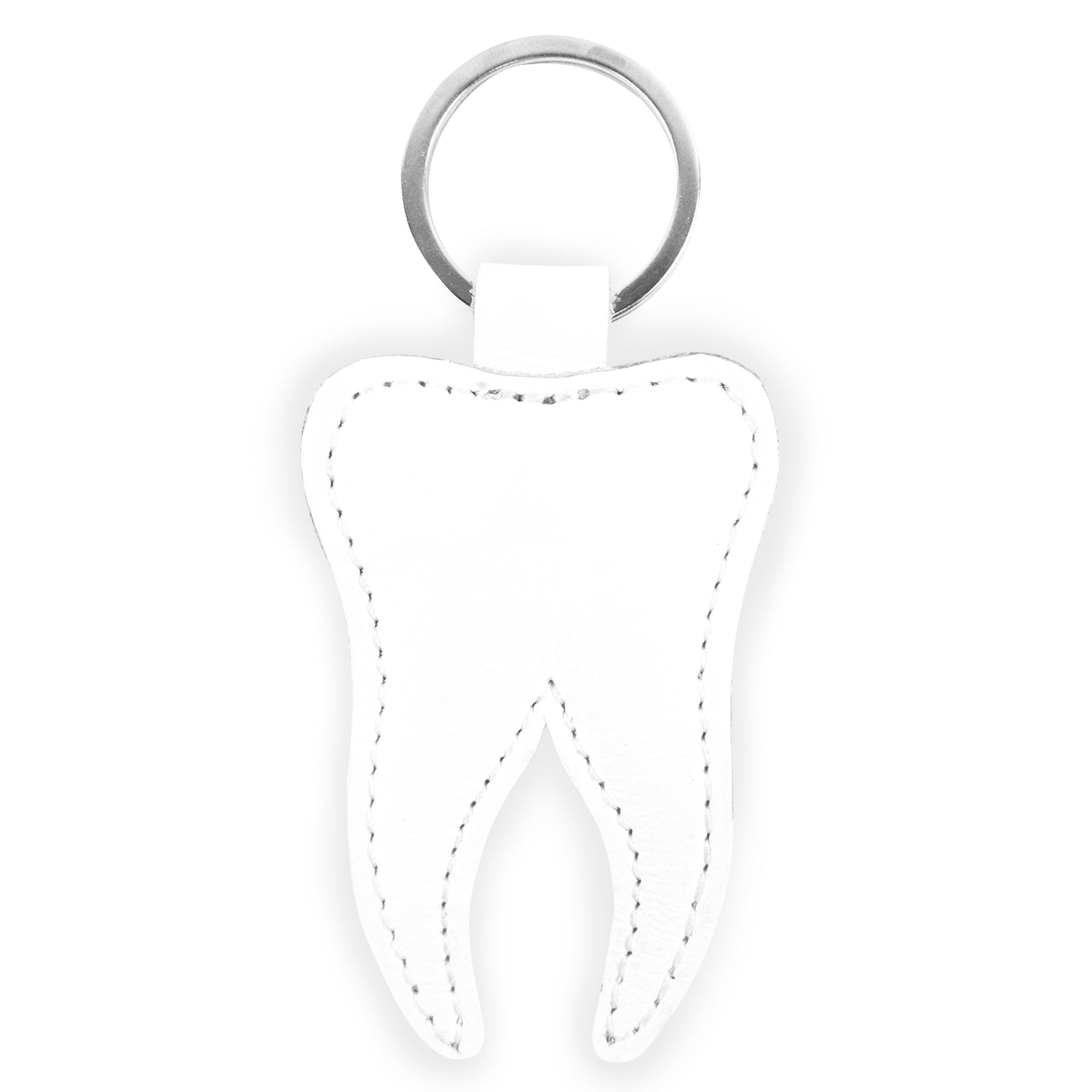 Close-up of the Tooth Keychain by Hide & Drink, showcasing its charming tooth design. This Tooth Leather Keychain is made of high-quality full grain leather, making it an excellent choice for dentist gifts or for those who appreciate thoughtful accessories. It reflects artisan craftsmanship with a focus on small batch production, handmade in La Antigua Guatemala & Oaxaca Mexico.