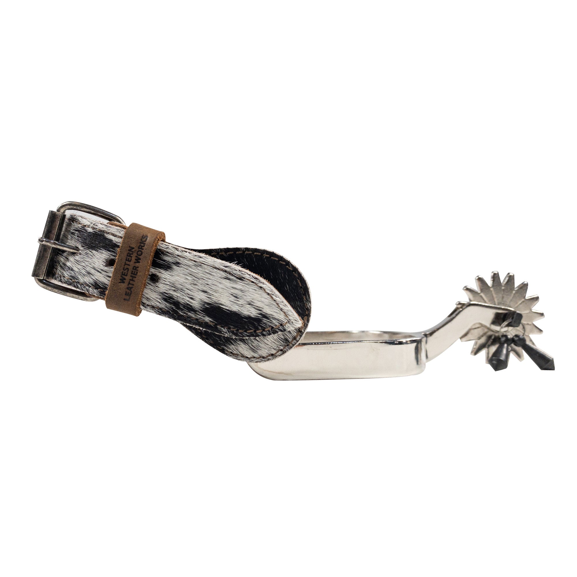 Side view of a spur with hair-on-hide spur strap by Western Leather Works. These Spur Straps (2 Pack) combine craftsmanship and functionality for horse rides, handcrafted with full grain leather to enhance your equestrian accessories.