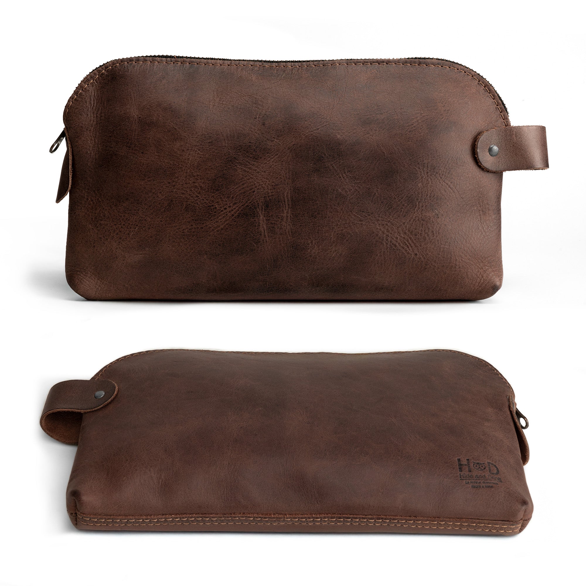 Dopp Kit Utility Bag by Hide & Drink featuring a rustic sophistication. This artisan-crafted Dopp Kit Utility Bag serves as a perfect travel companion, made from high-quality full grain leather, emphasizing small batch production, hand cut, and hand sewn techniques, handmade in La Antigua Guatemala & Oaxaca Mexico.