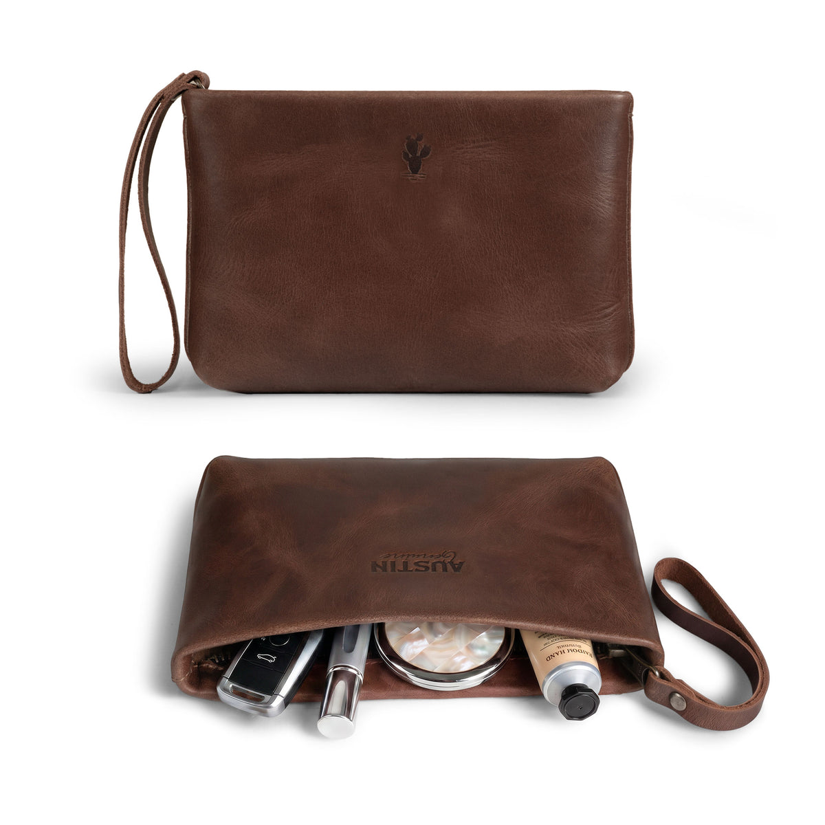 Austin Genuine The Seaholm Makeup Bag shown from the back and open with makeup and everyday essentials inside; this Full Grain Leather pouch reflects StockyardX Small Batch Production and is Hand Cut, Hand Sewn, Fire Branded, Artisan, Handmade in La Antigua Guatemala & Oaxaca Mexico.