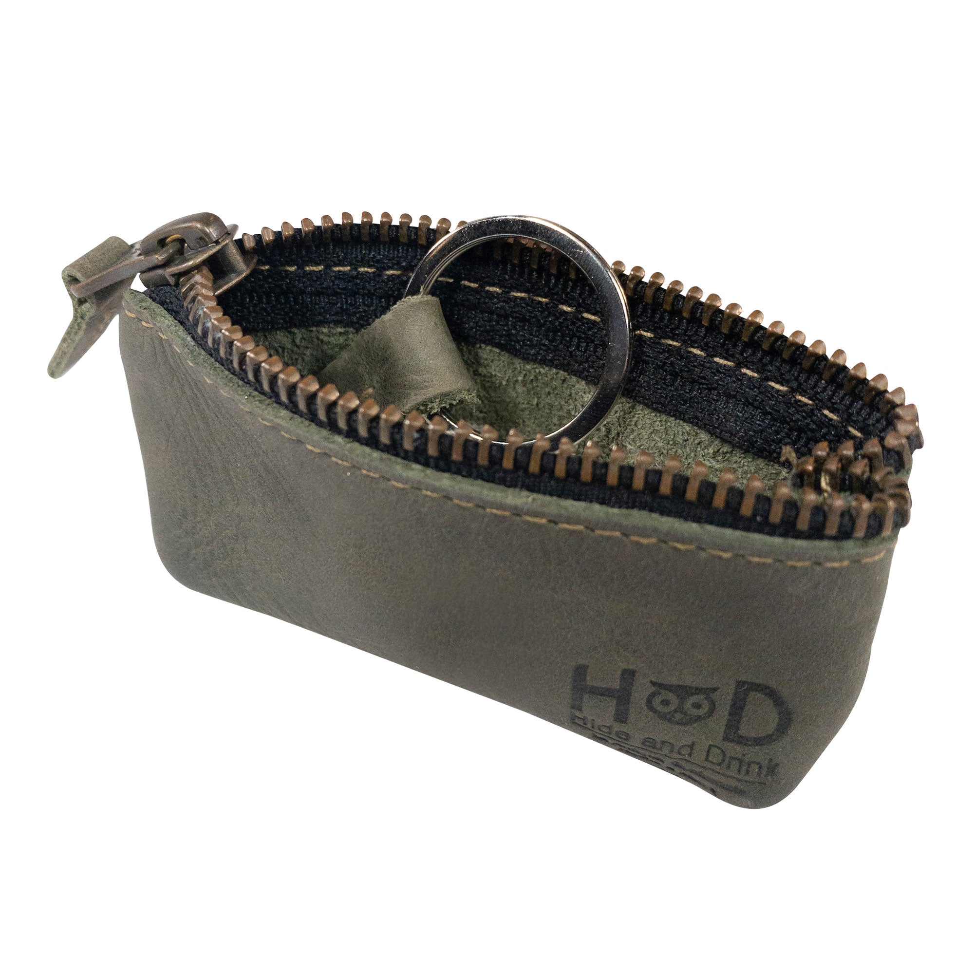 Hide & Drink Key Holder Zippered Pouch with key and coin examples, highlighting its practicality and vintage style. A versatile pouch perfect for everyday essentials.