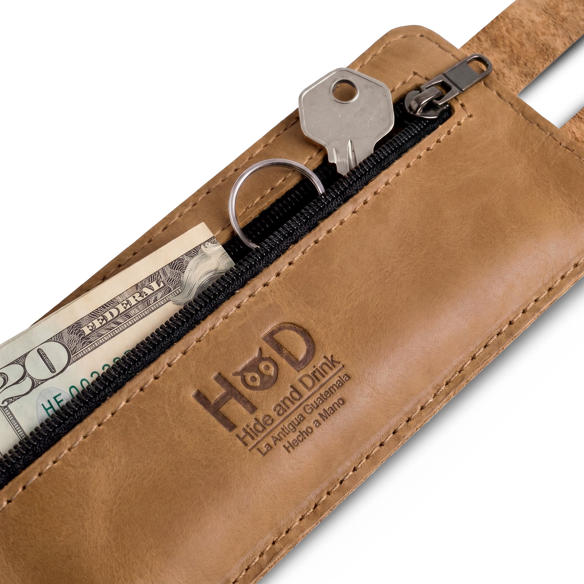 Wrist-Wallet-Cuff by Hide & Drink showing hidden pouch design, ideal for bills and coins, crafted from premium Full Grain Leather, showcasing the artisan details of StockyardX, hand cut, hand sewn, and fire branded by skilled artisans in La Antigua Guatemala & Oaxaca Mexico.