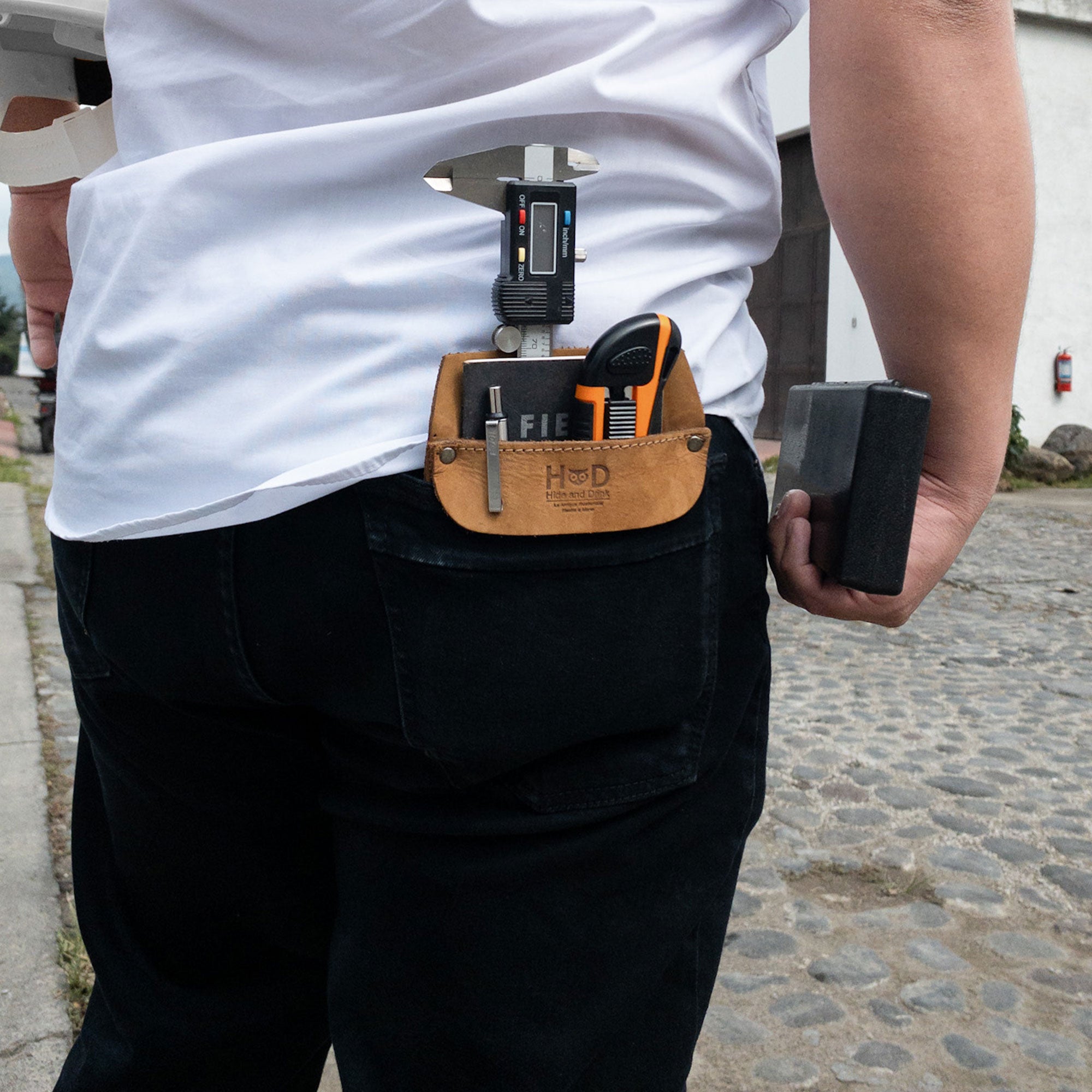 Hide & Drink Leather Work Pocket highlighting its spacious interior for holding tools and pens. A reliable Work Pocket Organizer for Tools, designed with elegance and practicality in mind.