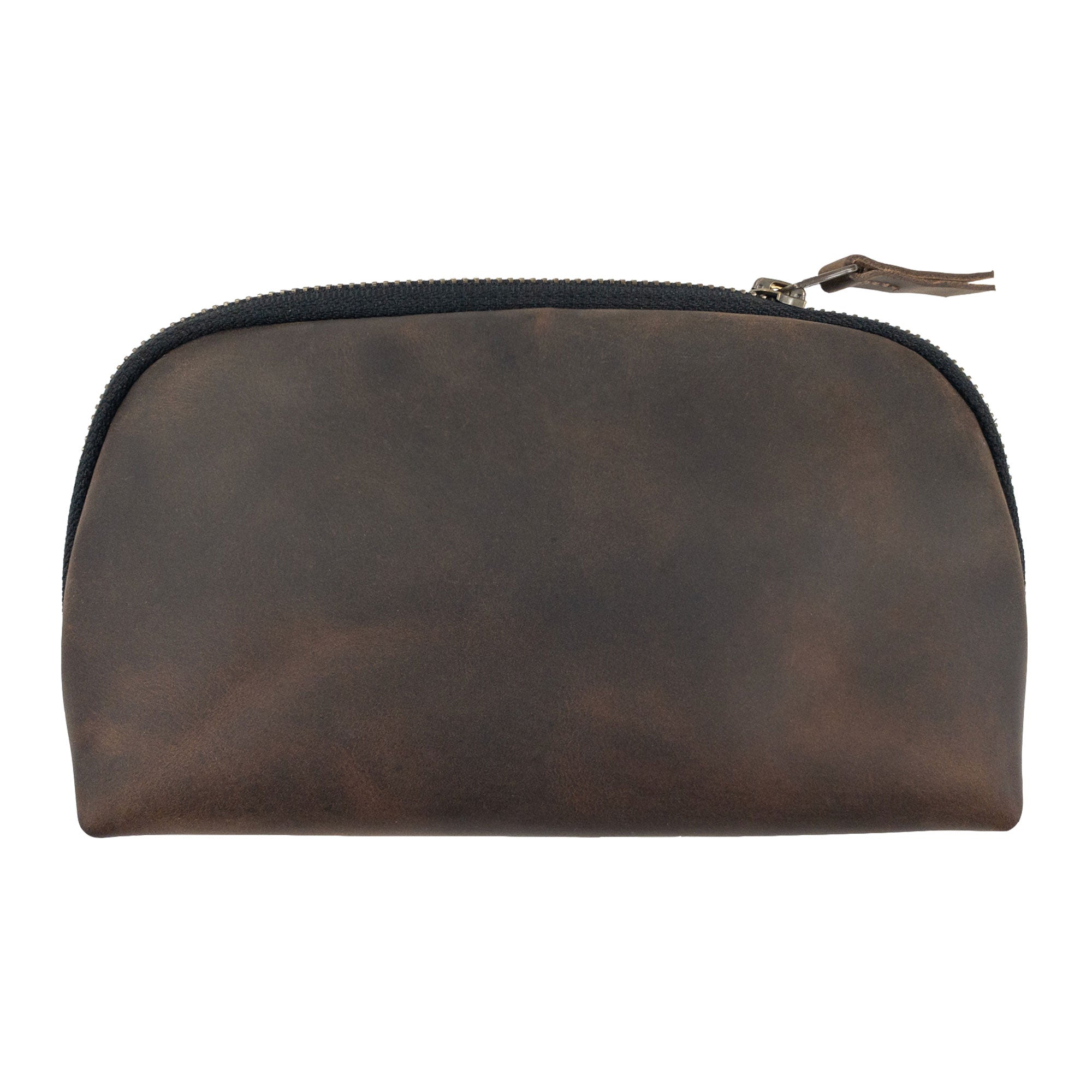 Front view of Hide & Drink's Small Tech Organizer, designed as a sleek small tech bag. Made from premium full grain leather, this rustic case is perfect for both travel and daily use, emphasizing artisan skill handcrafted in La Antigua Guatemala & Oaxaca Mexico.