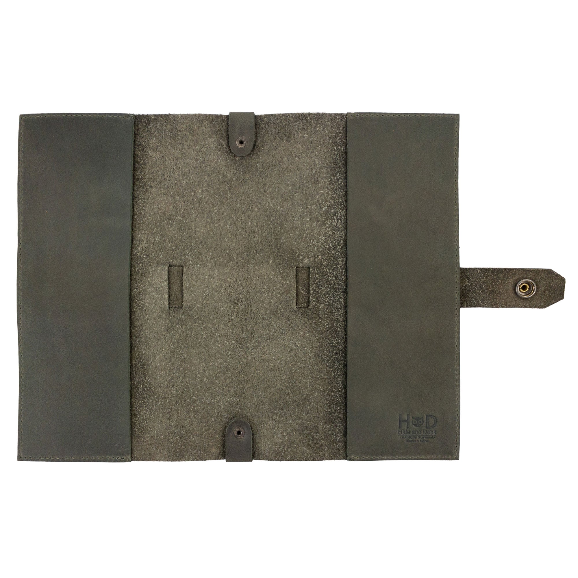 Side angle display of Hide & Drink's Riveted Field Note Cover for Moleskine (5 x 8.25 in.) Notebook NOT Included, highlighting its full grain leather quality and design features. An artistic creation, handmade in La Antigua Guatemala & Oaxaca, Mexico.