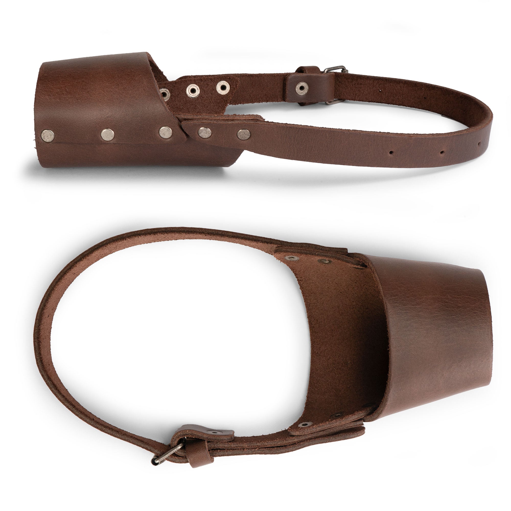 Another view of the Riveted Dog Muzzle by Hide & Drink highlighting its secure fit and durability. This full grain leather muzzle guard is ideal for preventing biting and chewing, compatible with all breeds including Pitbulls and German Shepherds, and is handcrafted in La Antigua Guatemala & Oaxaca Mexico.