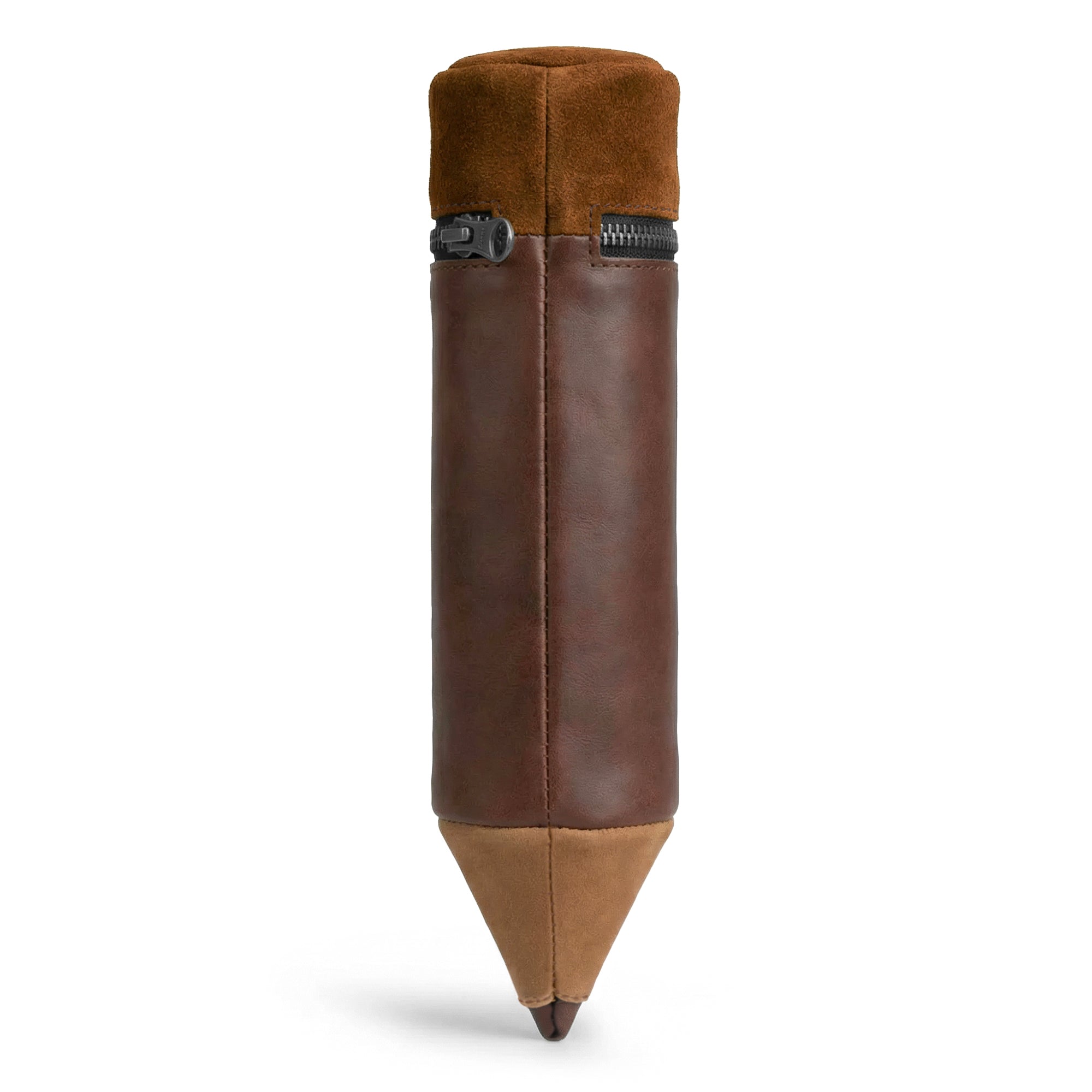 Elegant Pencil-Shaped Case by Hide & Play, designed to hold pens and pencils securely. Crafted from full grain leather in a fun pencil shape, this zippered bag offers a perfect blend of style and functionality for all your office accessories.