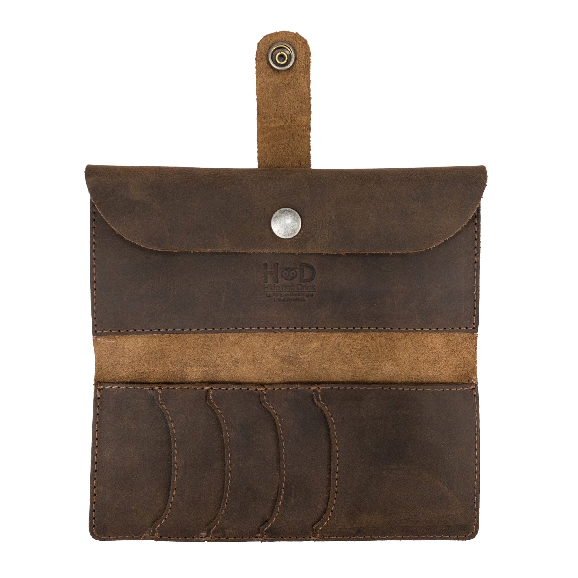 Top-down view of the Hide & Drink Folio Wallet With Pouch, highlighting its sleek design and functional pockets for cards. This artisanal wallet embodies small batch craftsmanship, offering a blend of style and practicality for holding up to 4 cards, coins, and flat bills.