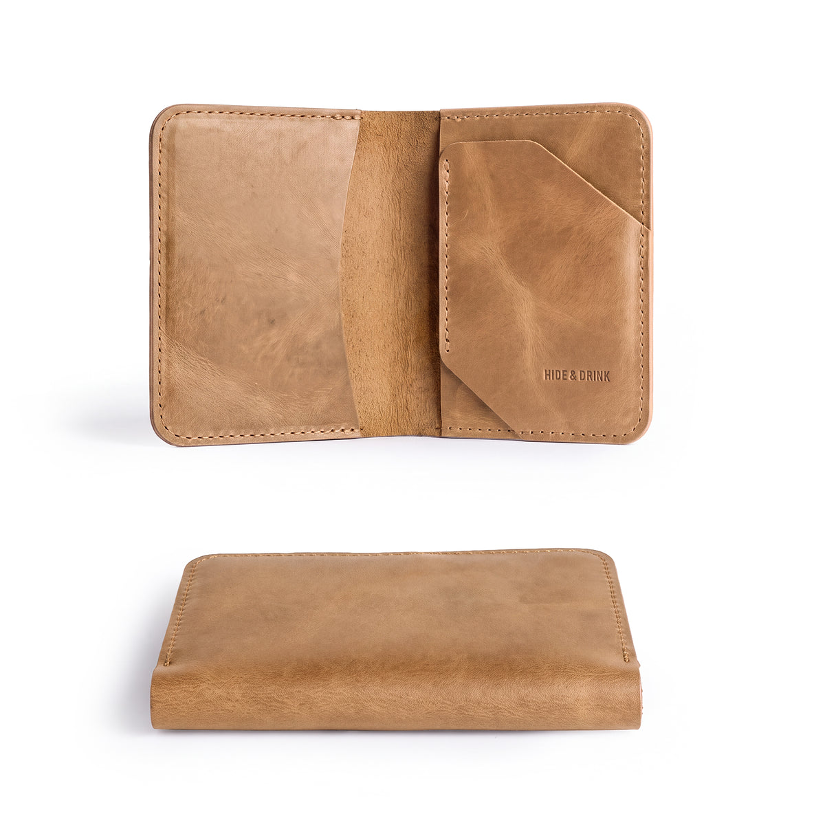 Bi-Fold Card Wallet Diagonal by Hide & Drink demonstrating a stylish way to store cards and cash, showcasing artisan craftsmanship with full grain leather.