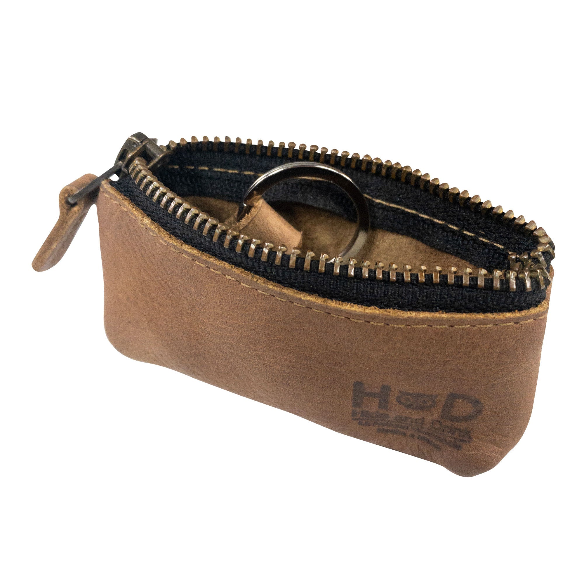 Hide & Drink Key Holder Zippered Pouch in a light brown hue, showcasing a versatile design for keys, coins, and organizing small items. Crafted in hand cut, hand sewn style from full grain leather.