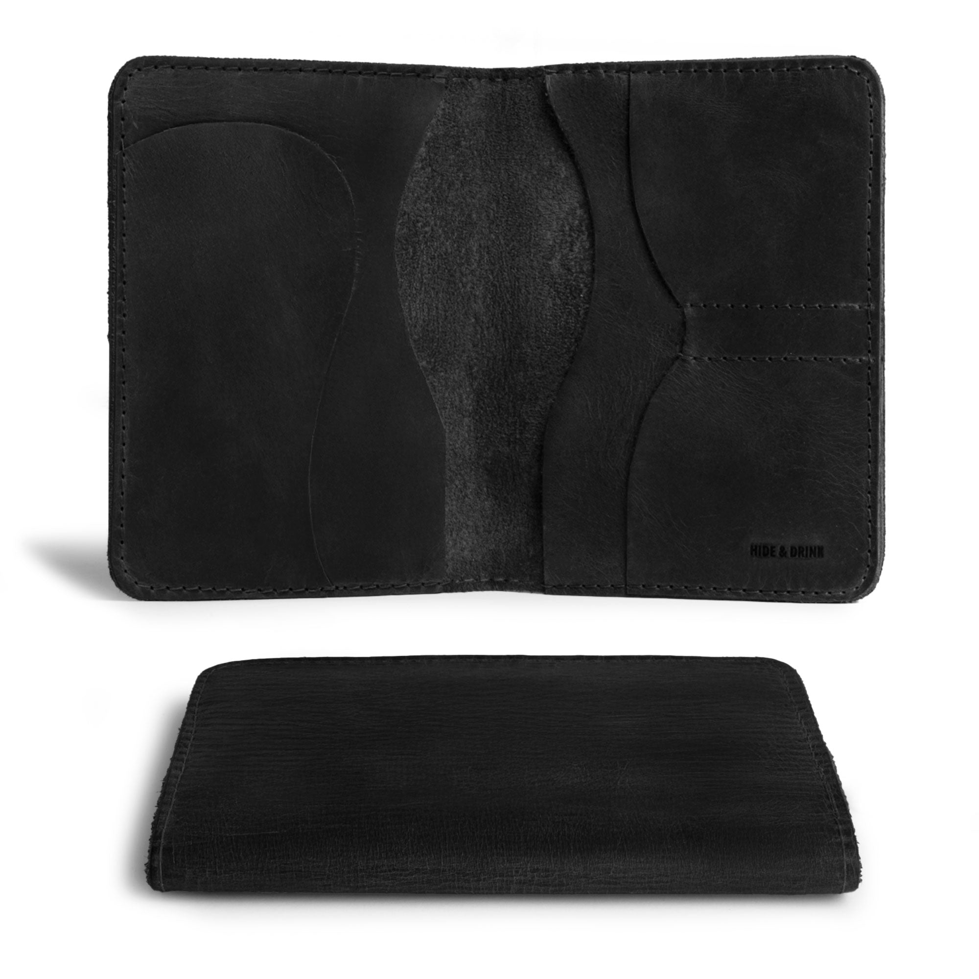Inside layout of Hide & Drink's black Double Passport Wallet W/Key Slot, highlighting elegant craftsmanship and functionality, made from artisanal full grain leather in La Antigua Guatemala & Oaxaca Mexico.