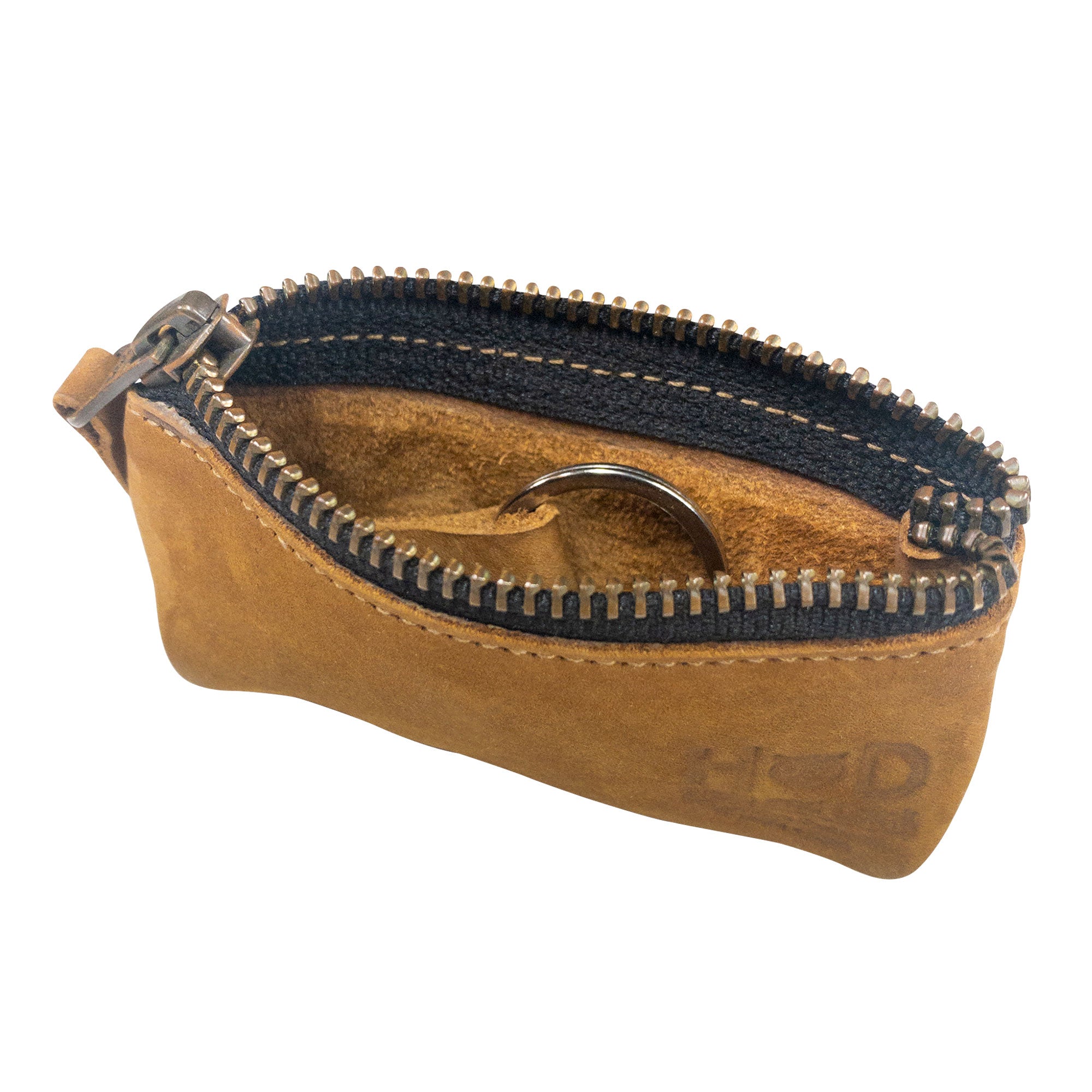 Hide & Drink Key Holder Zippered Pouch interior featuring a metal ring for keys, showcasing handmade quality and vintage style. Perfect for use as a zippered coin bag or earphone holder.